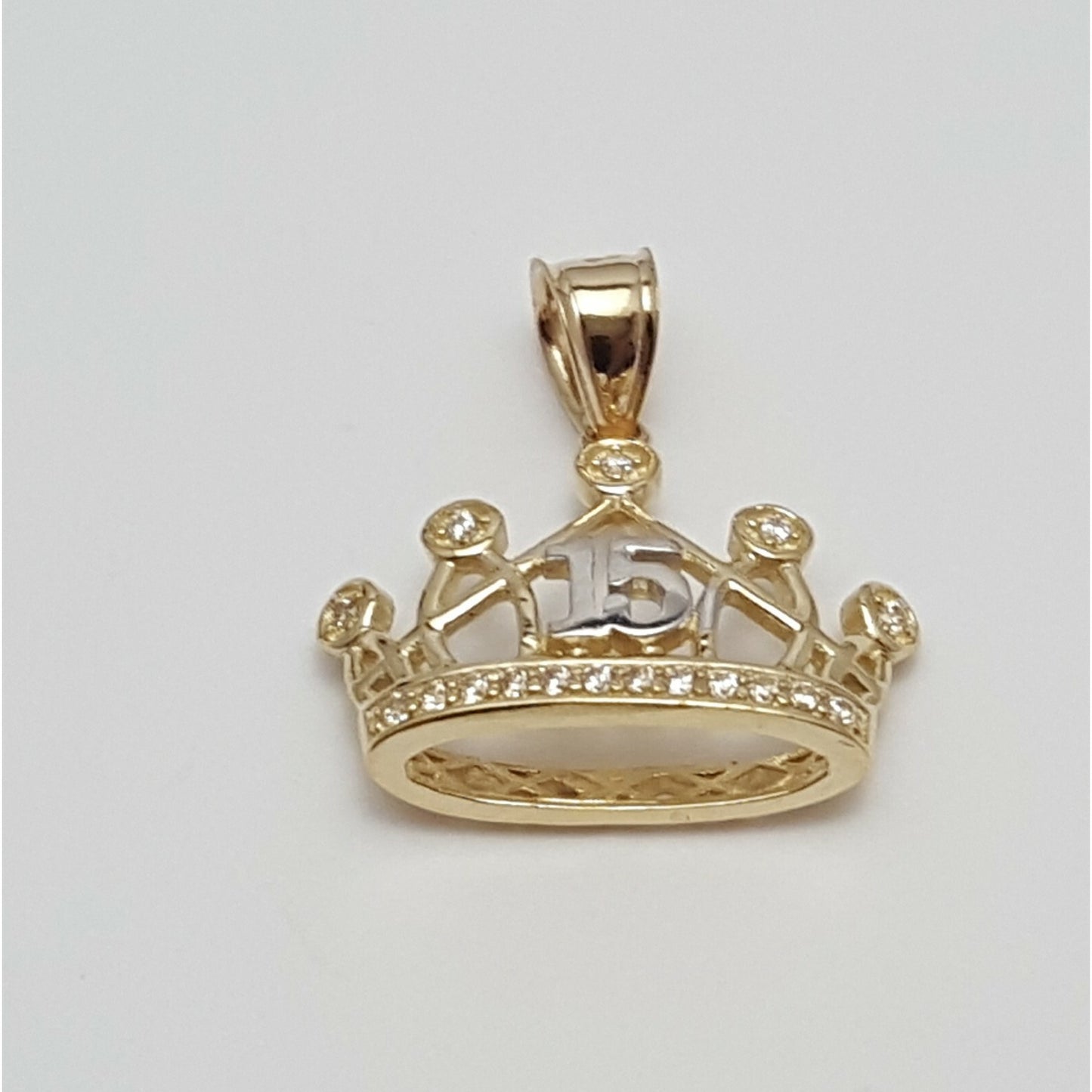 14K Two Tone CZ Quinceanera Tiara Crown 15 Pendant Charm