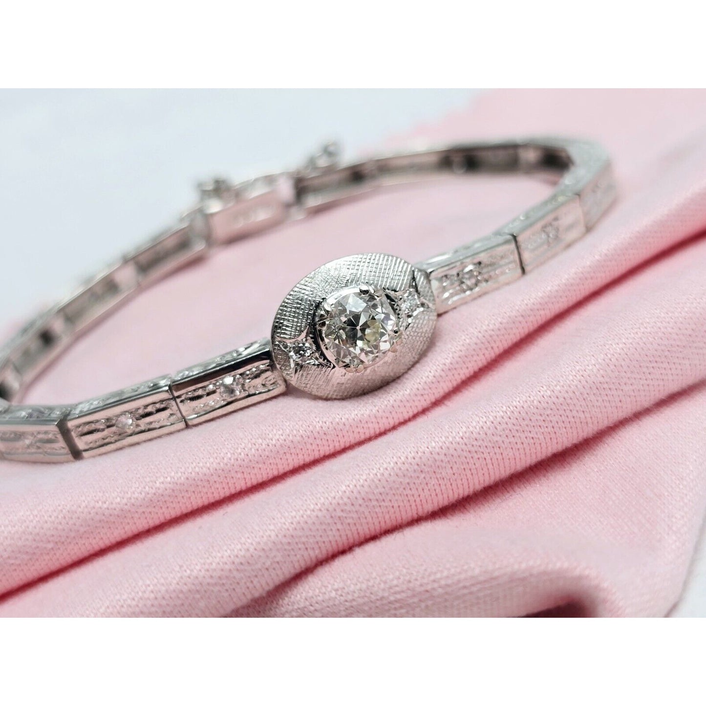 Vintage 14K White Gold Old Cut Diamond Tennis Link Bracelet