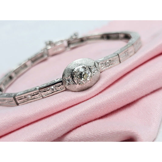 Vintage 14K White Gold Old Cut Diamond Tennis Link Bracelet