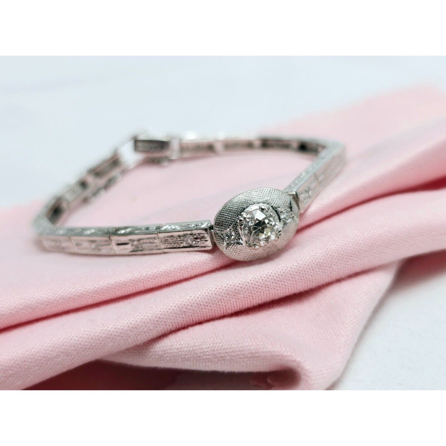 Vintage 14K White Gold Old Cut Diamond Tennis Link Bracelet