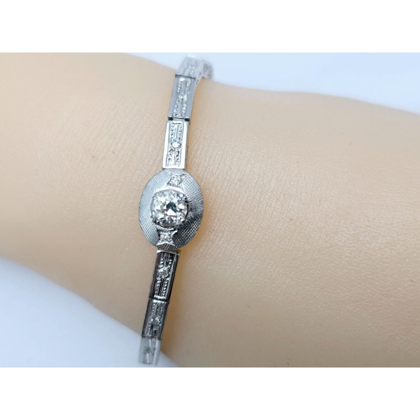 Vintage 14K White Gold Old Cut Diamond Tennis Link Bracelet