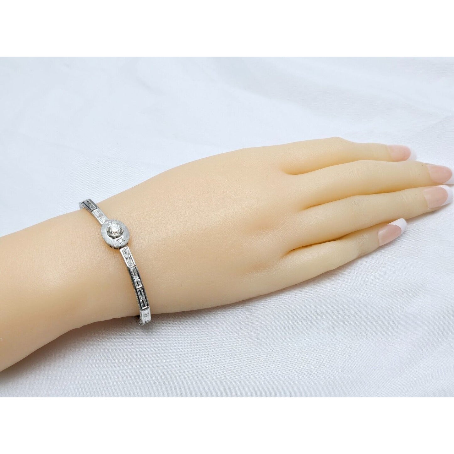 Vintage 14K White Gold Old Cut Diamond Tennis Link Bracelet