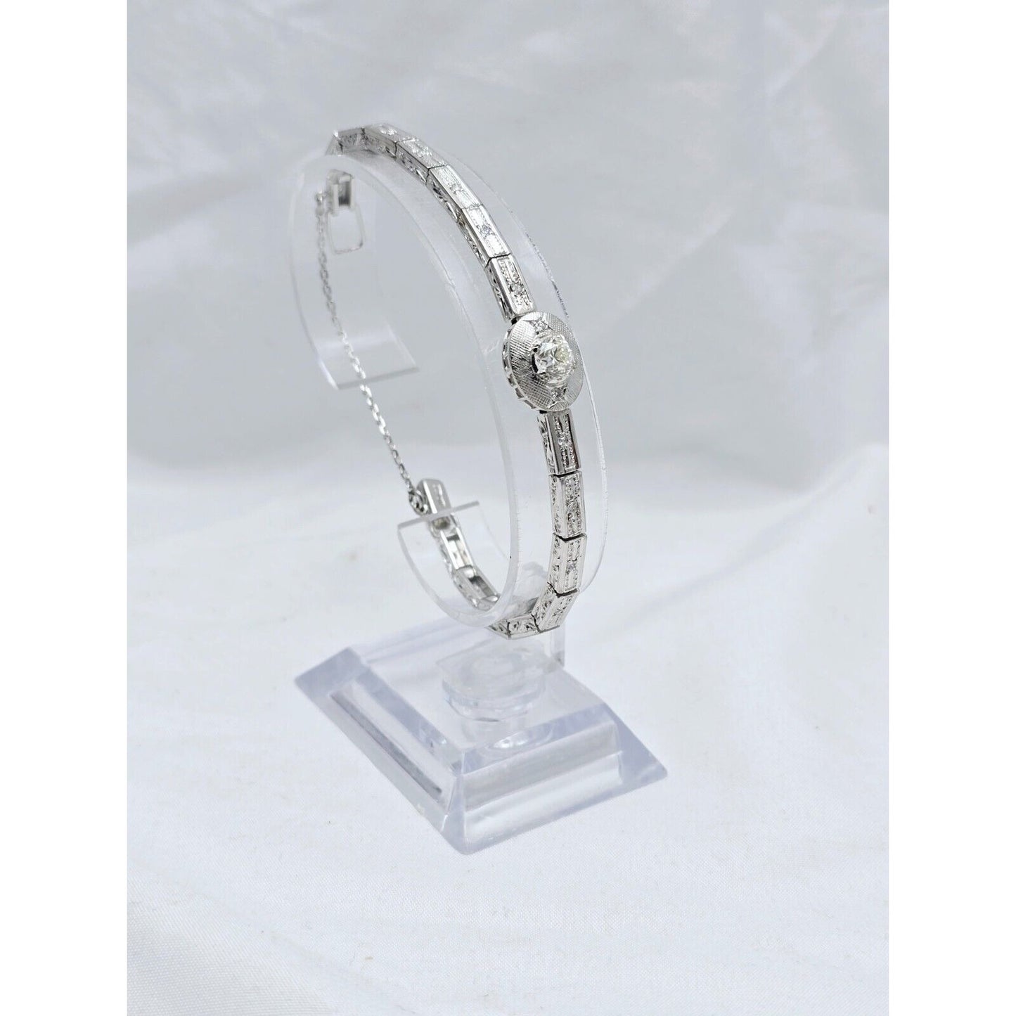 Vintage 14K White Gold Old Cut Diamond Tennis Link Bracelet