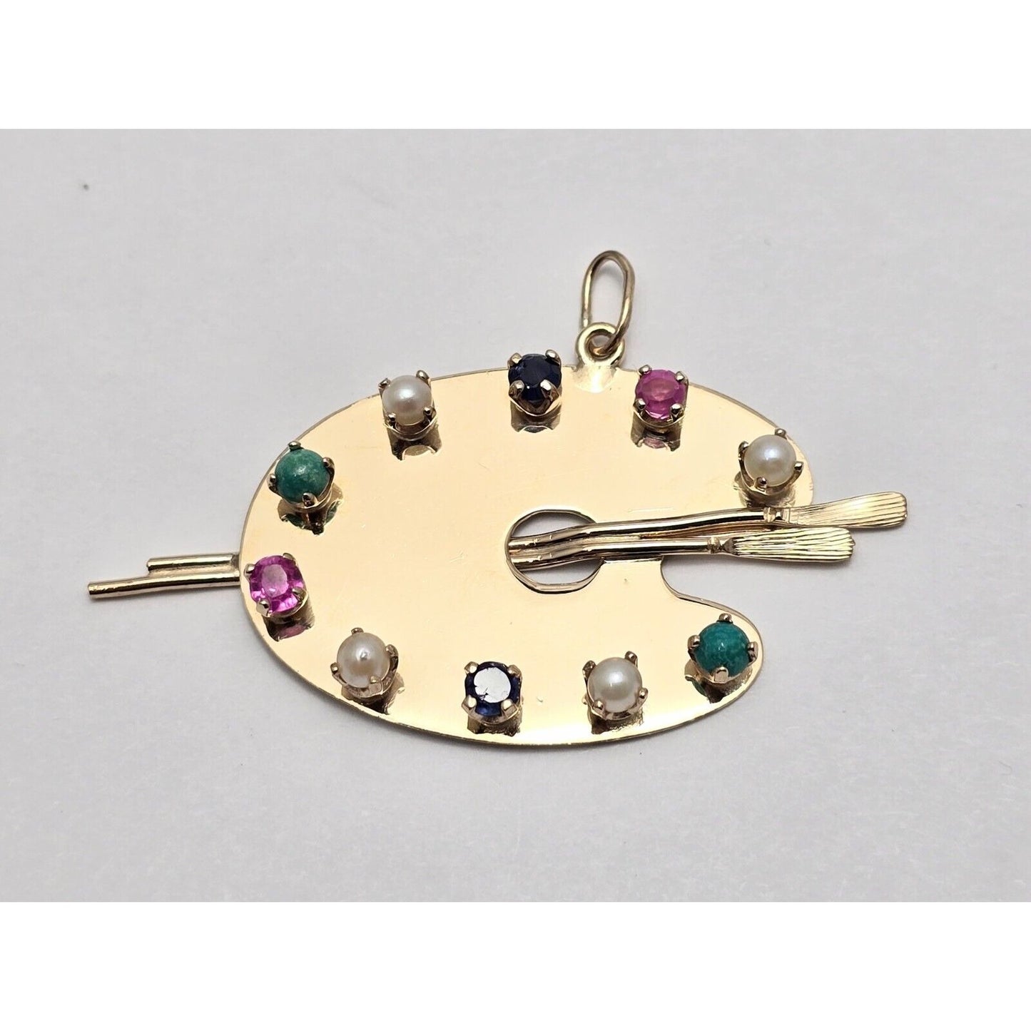14K Yellow Gold Paint Palette Artist Sapphire Ruby Pearl Turquoise Charm Pendant