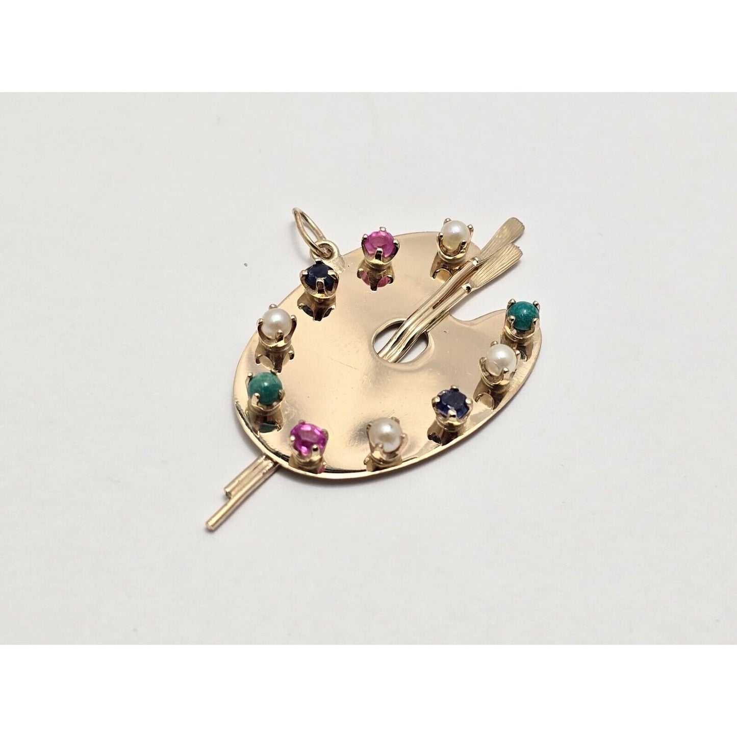 14K Yellow Gold Paint Palette Artist Sapphire Ruby Pearl Turquoise Charm Pendant
