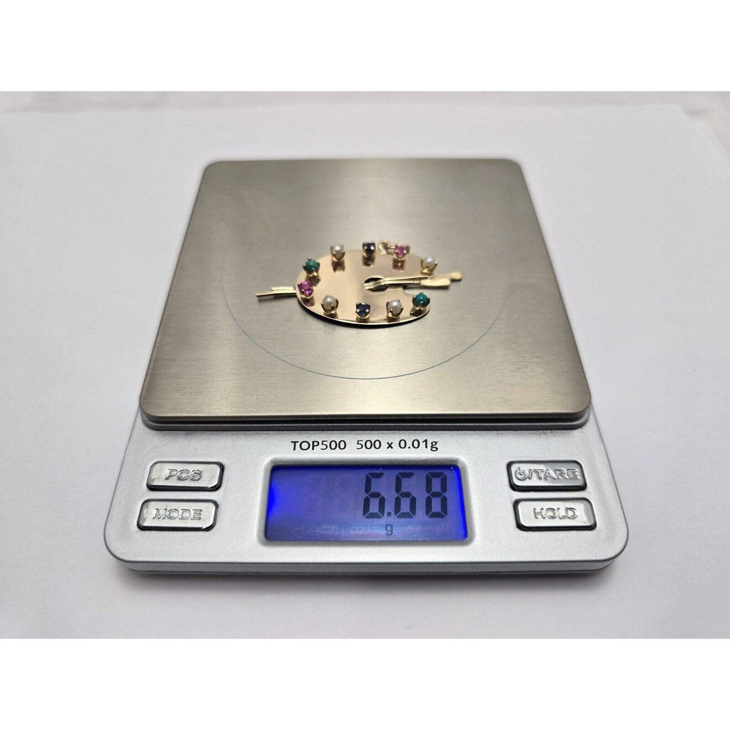 14K Yellow Gold Paint Palette Artist Sapphire Ruby Pearl Turquoise Charm Pendant