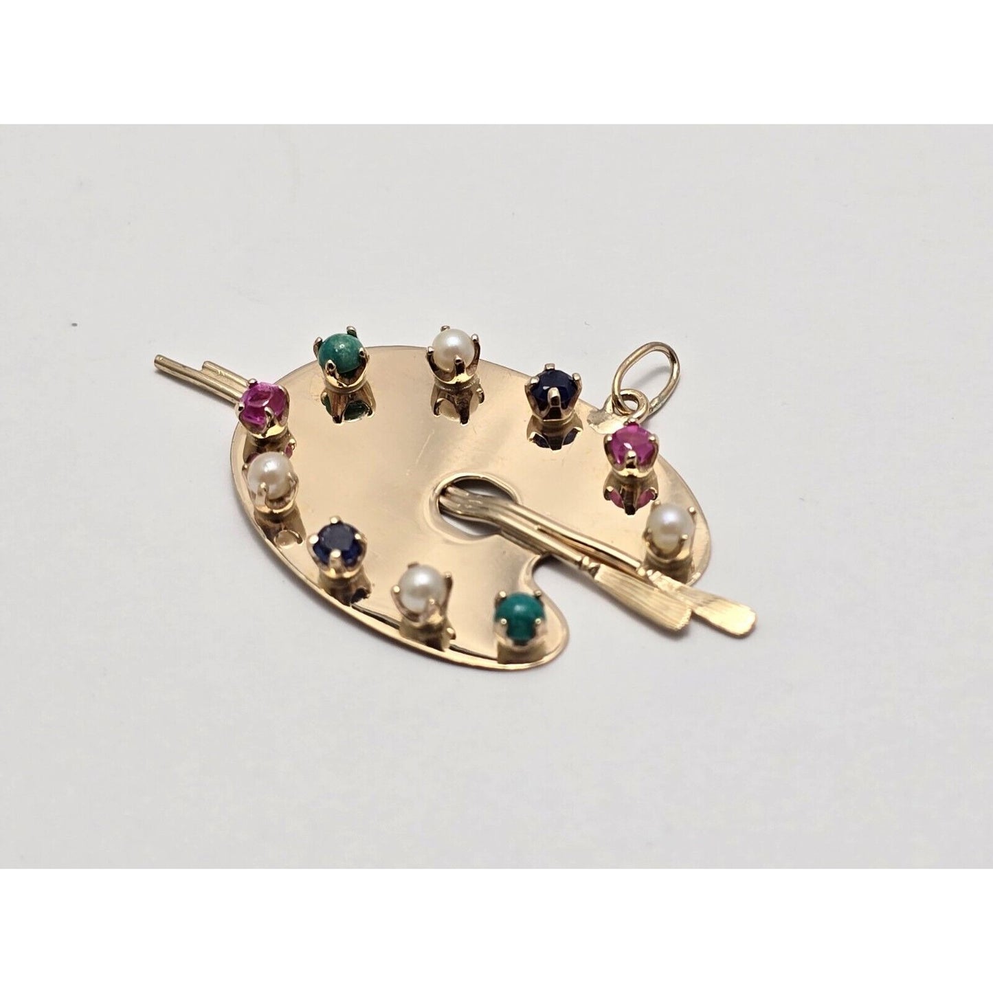 14K Yellow Gold Paint Palette Artist Sapphire Ruby Pearl Turquoise Charm Pendant