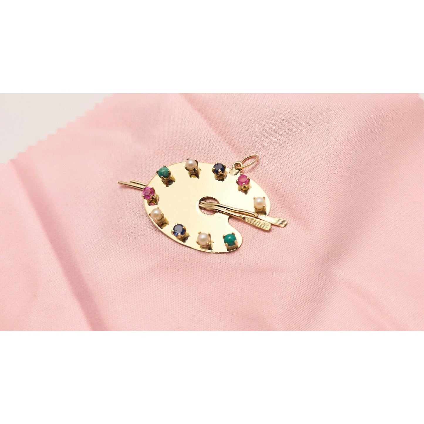 14K Yellow Gold Paint Palette Artist Sapphire Ruby Pearl Turquoise Charm Pendant
