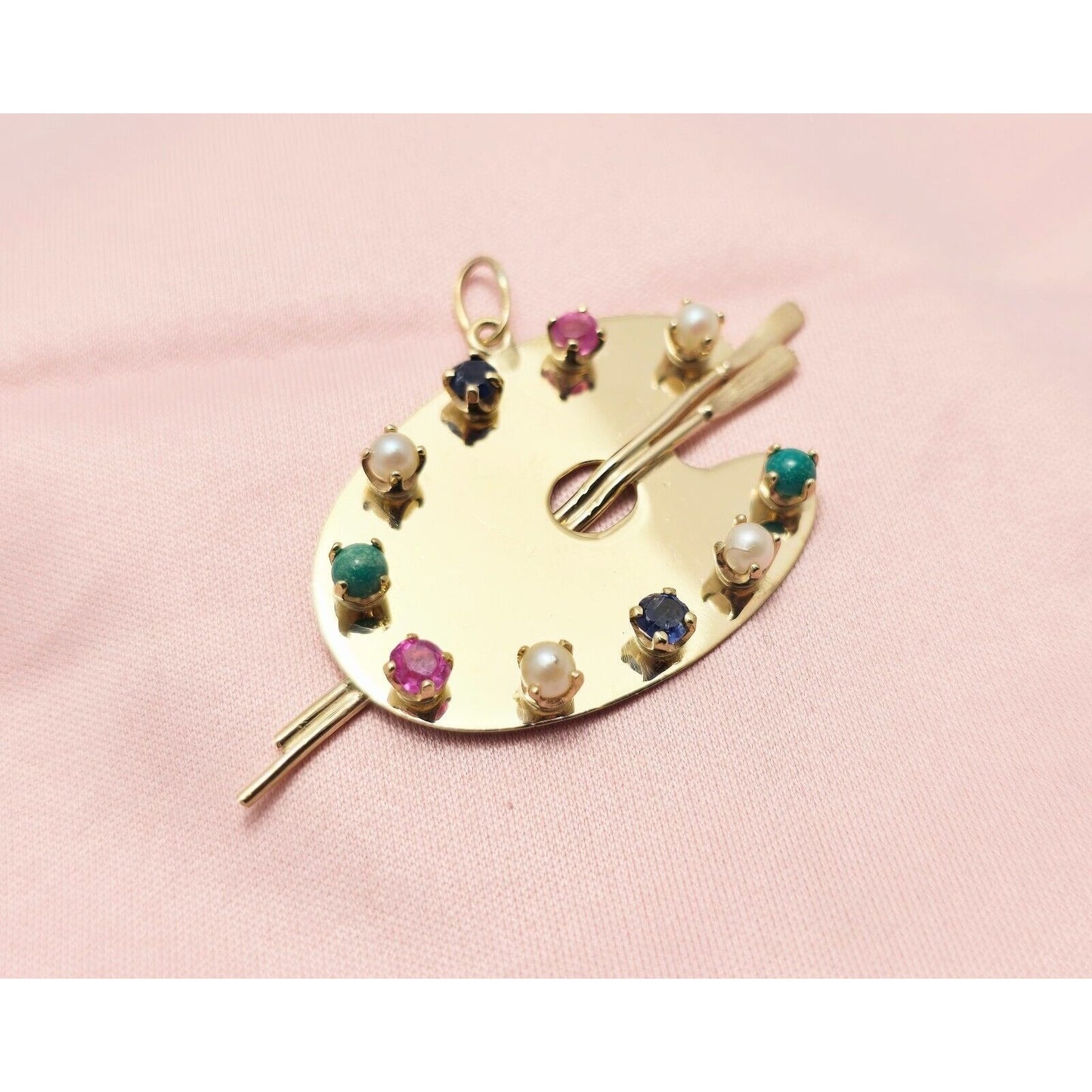 14K Yellow Gold Paint Palette Artist Sapphire Ruby Pearl Turquoise Charm Pendant