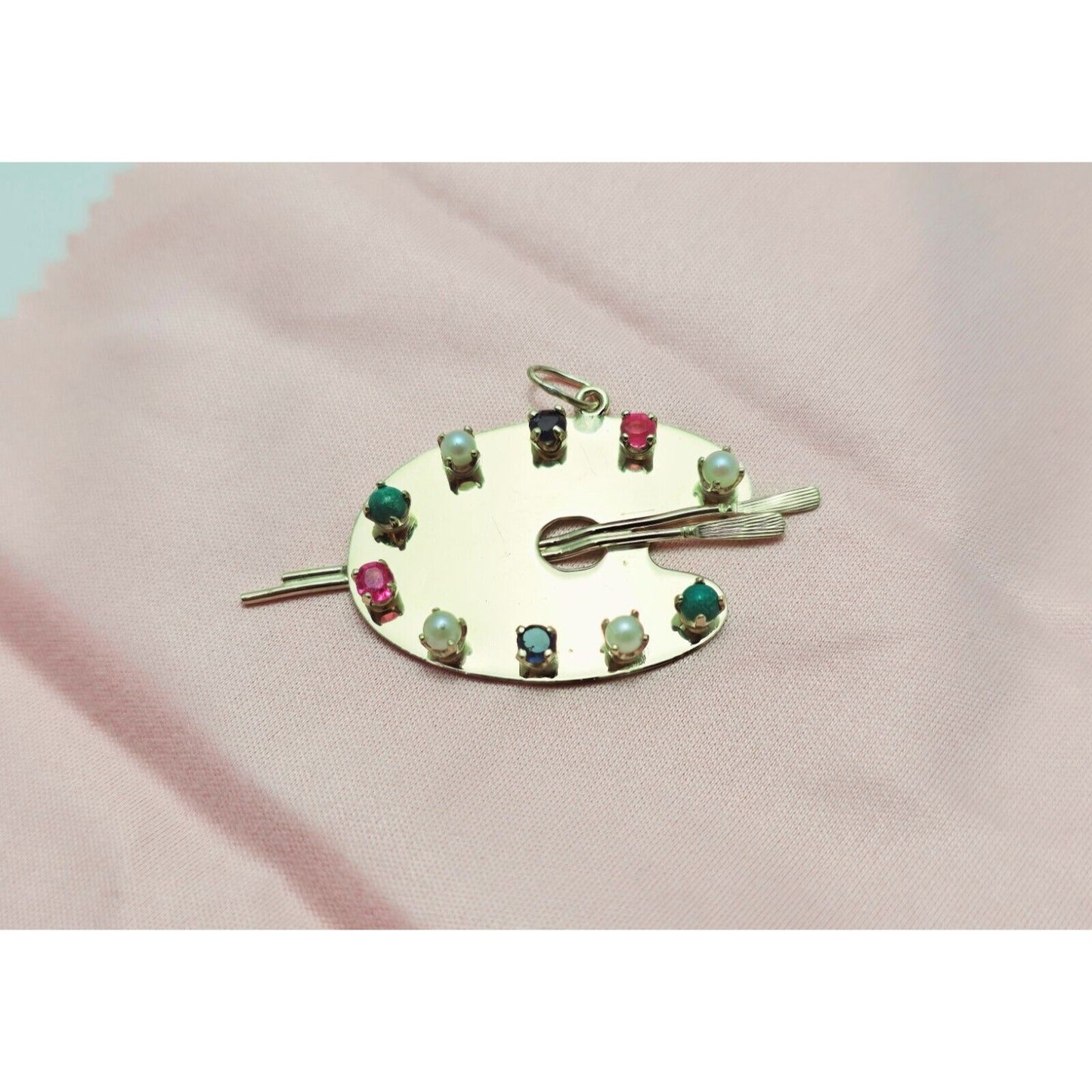 14K Yellow Gold Paint Palette Artist Sapphire Ruby Pearl Turquoise Charm Pendant