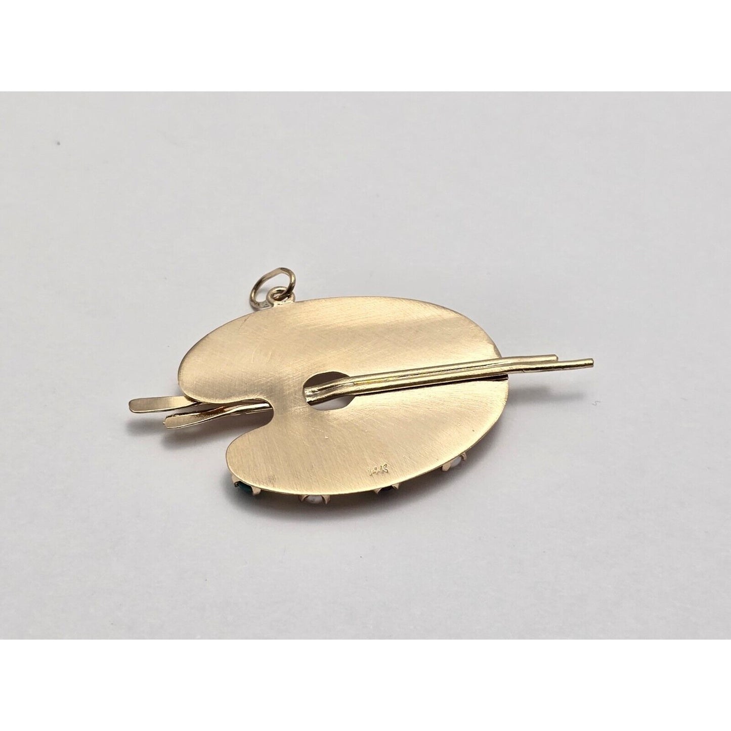 14K Yellow Gold Paint Palette Artist Sapphire Ruby Pearl Turquoise Charm Pendant