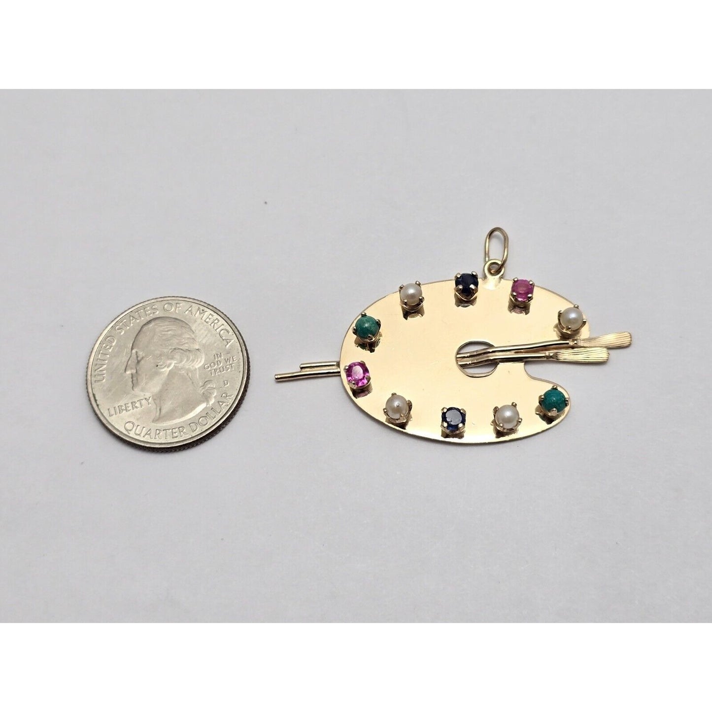 14K Yellow Gold Paint Palette Artist Sapphire Ruby Pearl Turquoise Charm Pendant