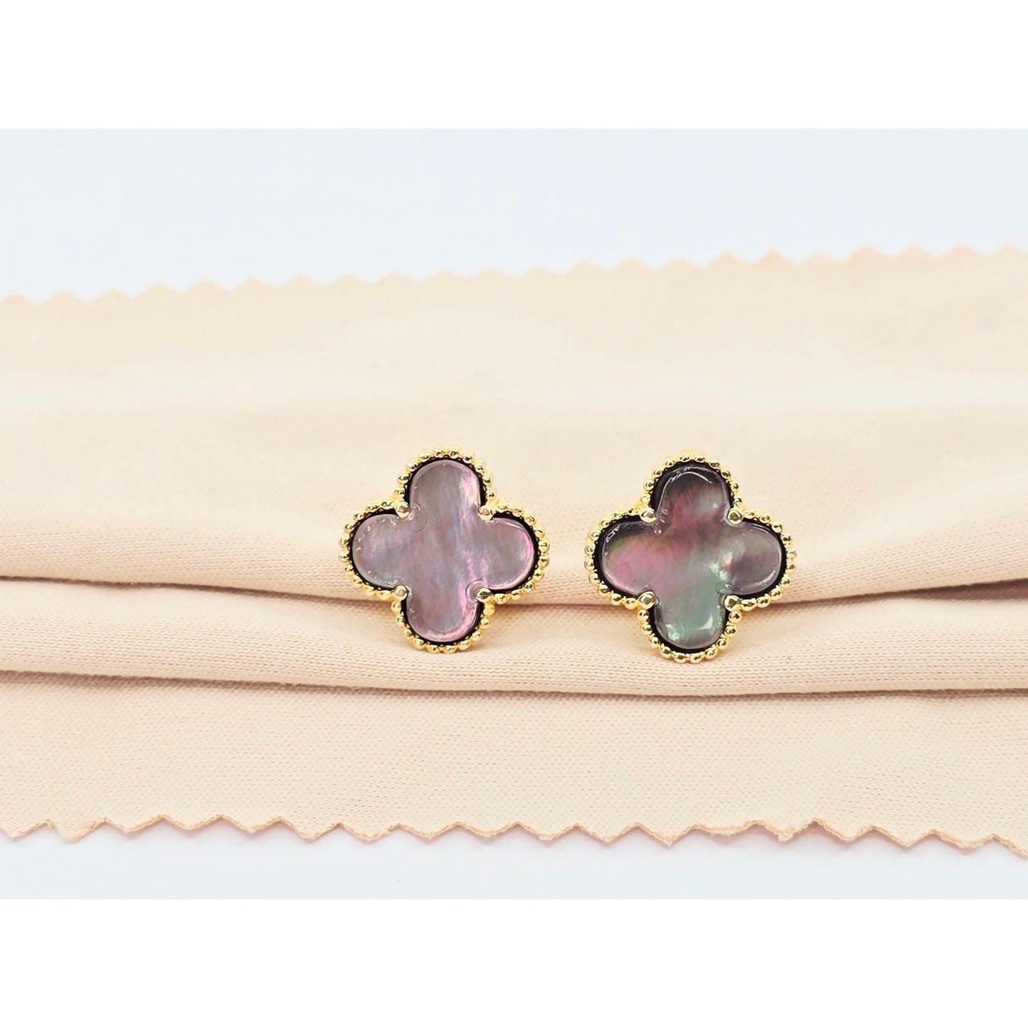 14K Yellow Gold Four Leaf Clover Dark Mother of Pearl Latch Back Hinge Earrings