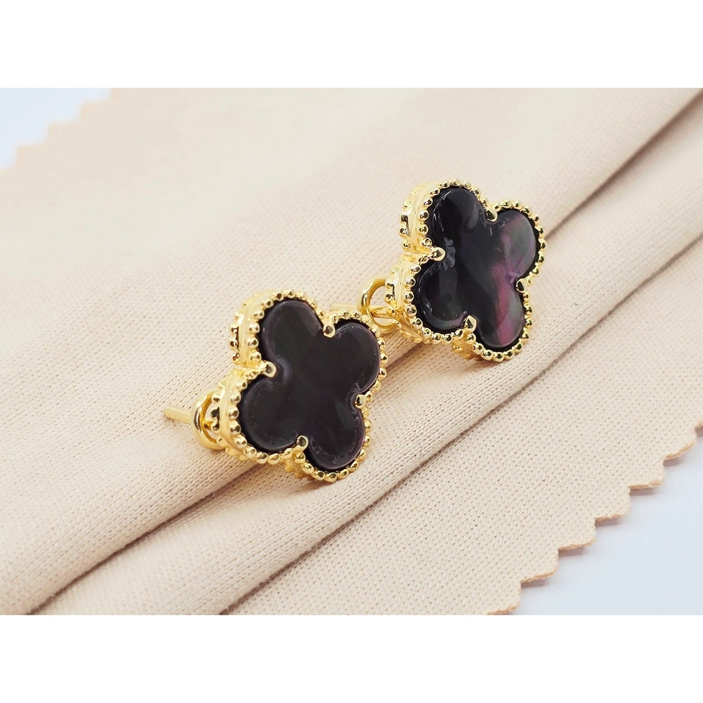 14K Yellow Gold Four Leaf Clover Dark Mother of Pearl Latch Back Hinge Earrings