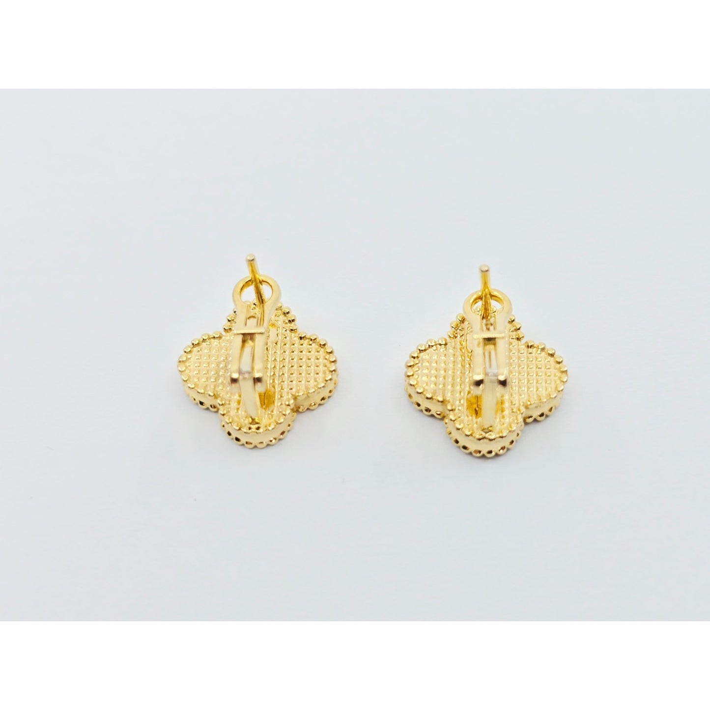 14K Yellow Gold Four Leaf Clover Dark Mother of Pearl Latch Back Hinge Earrings