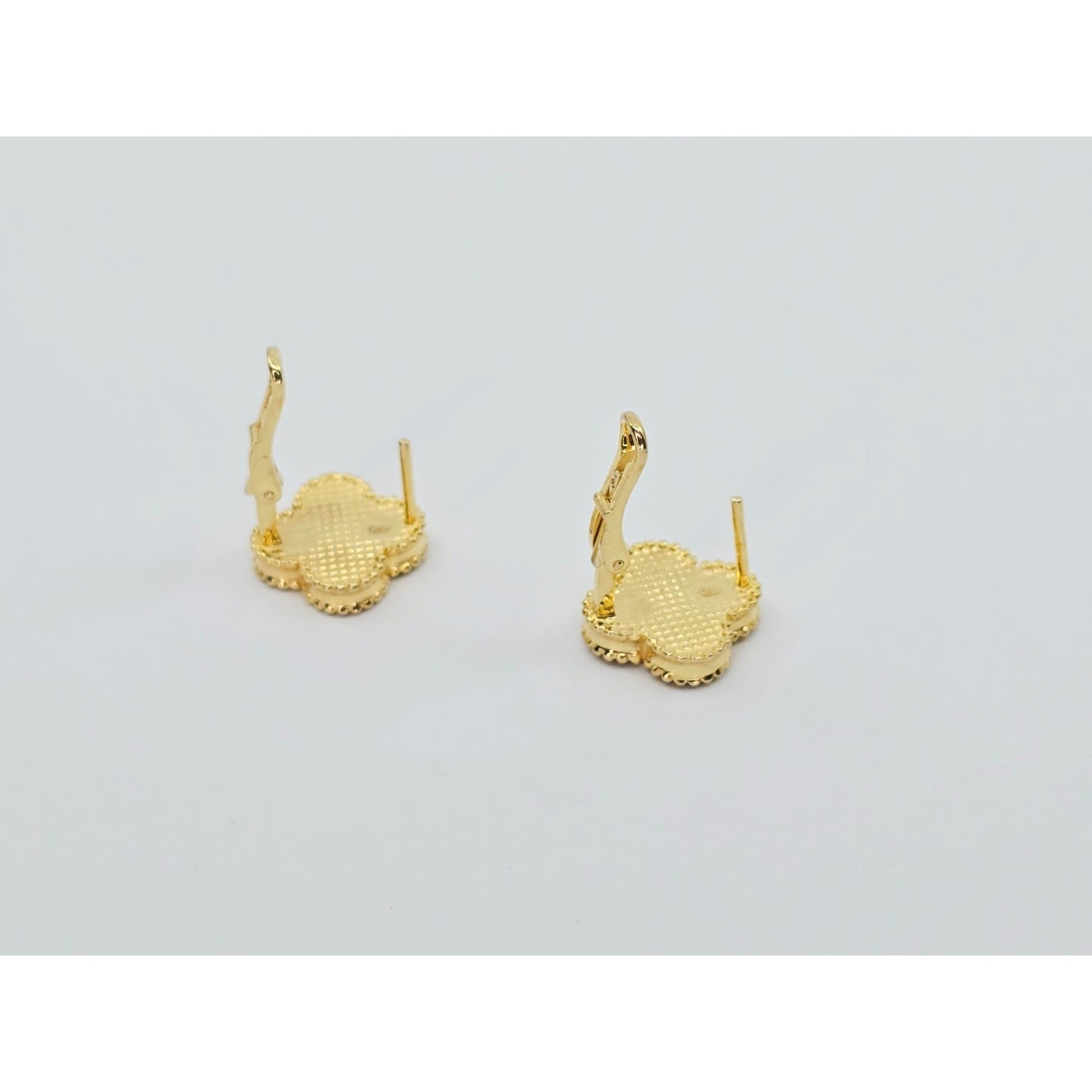 14K Yellow Gold Four Leaf Clover Dark Mother of Pearl Latch Back Hinge Earrings
