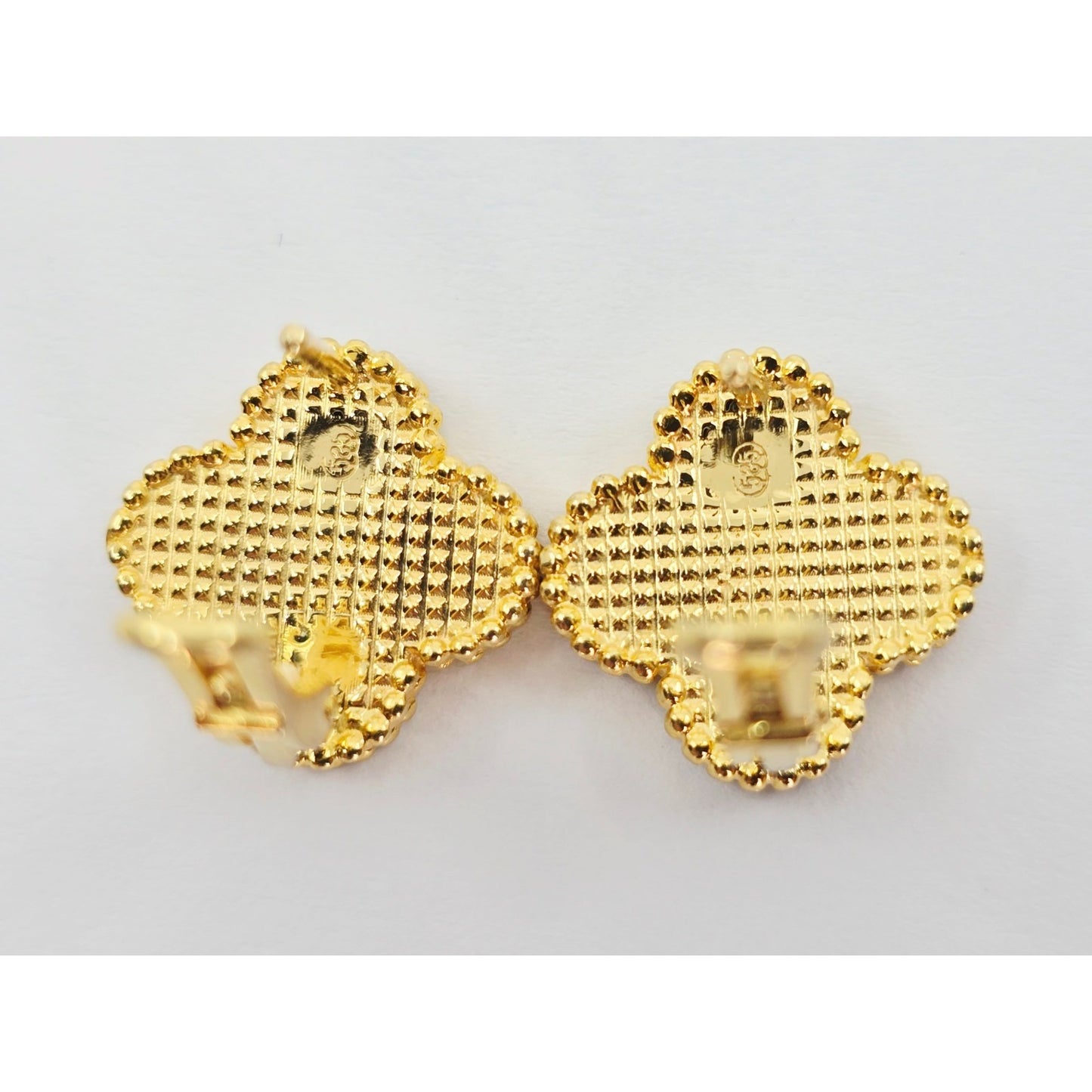 14K Yellow Gold Four Leaf Clover Dark Mother of Pearl Latch Back Hinge Earrings