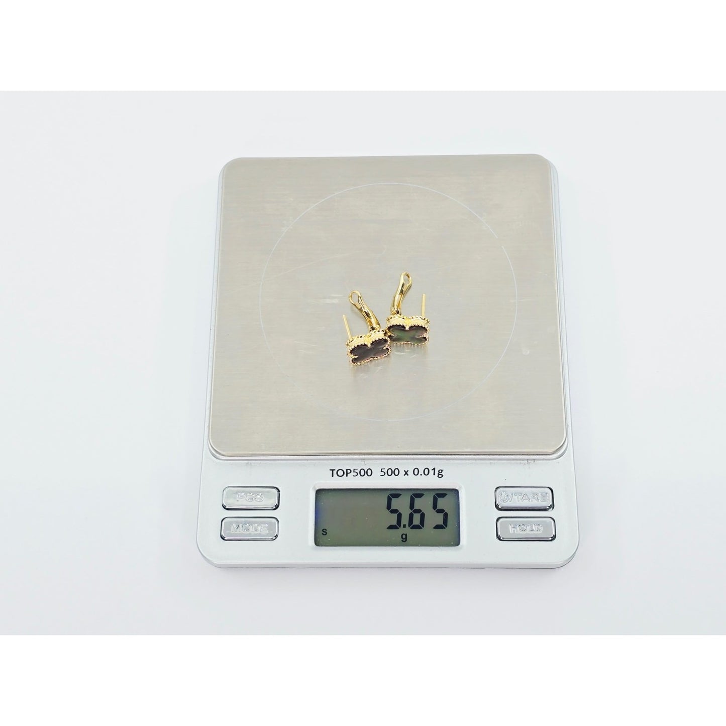 14K Yellow Gold Four Leaf Clover Dark Mother of Pearl Latch Back Hinge Earrings