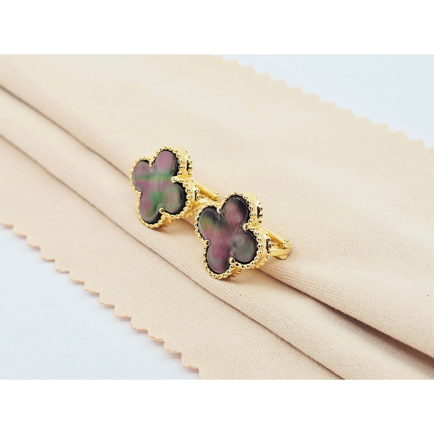 14K Yellow Gold Four Leaf Clover Dark Mother of Pearl Latch Back Hinge Earrings