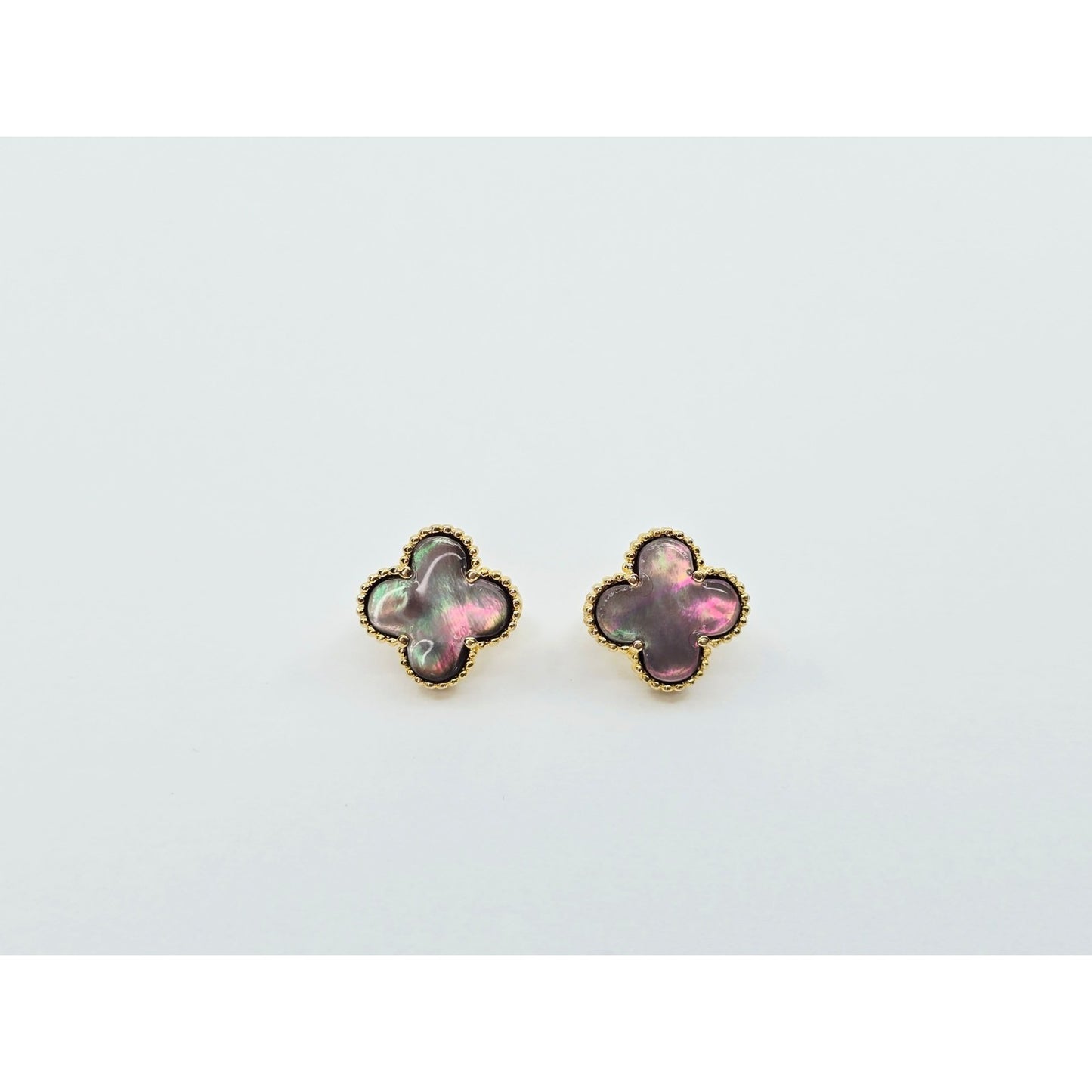 14K Yellow Gold Four Leaf Clover Dark Mother of Pearl Latch Back Hinge Earrings