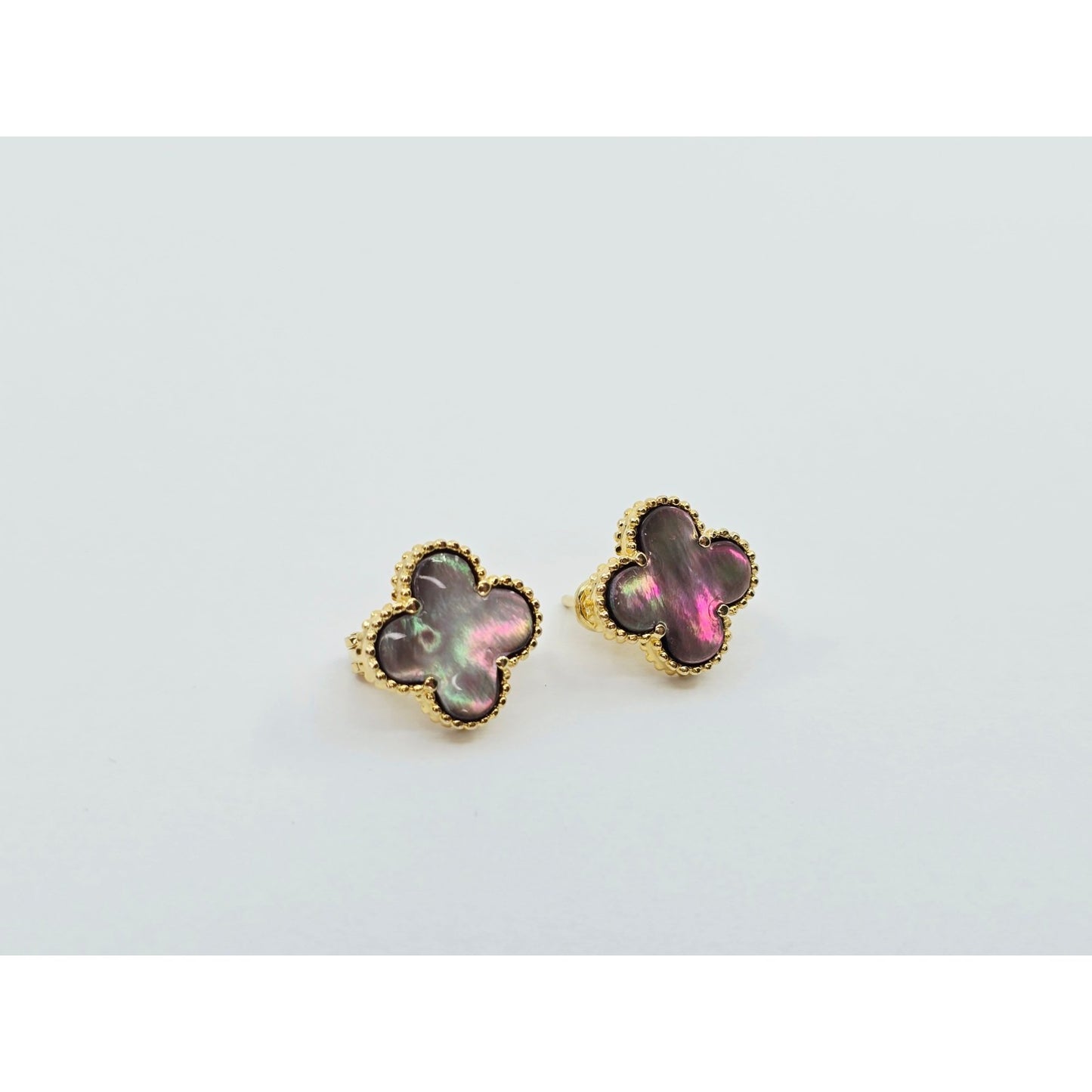 14K Yellow Gold Four Leaf Clover Dark Mother of Pearl Latch Back Hinge Earrings
