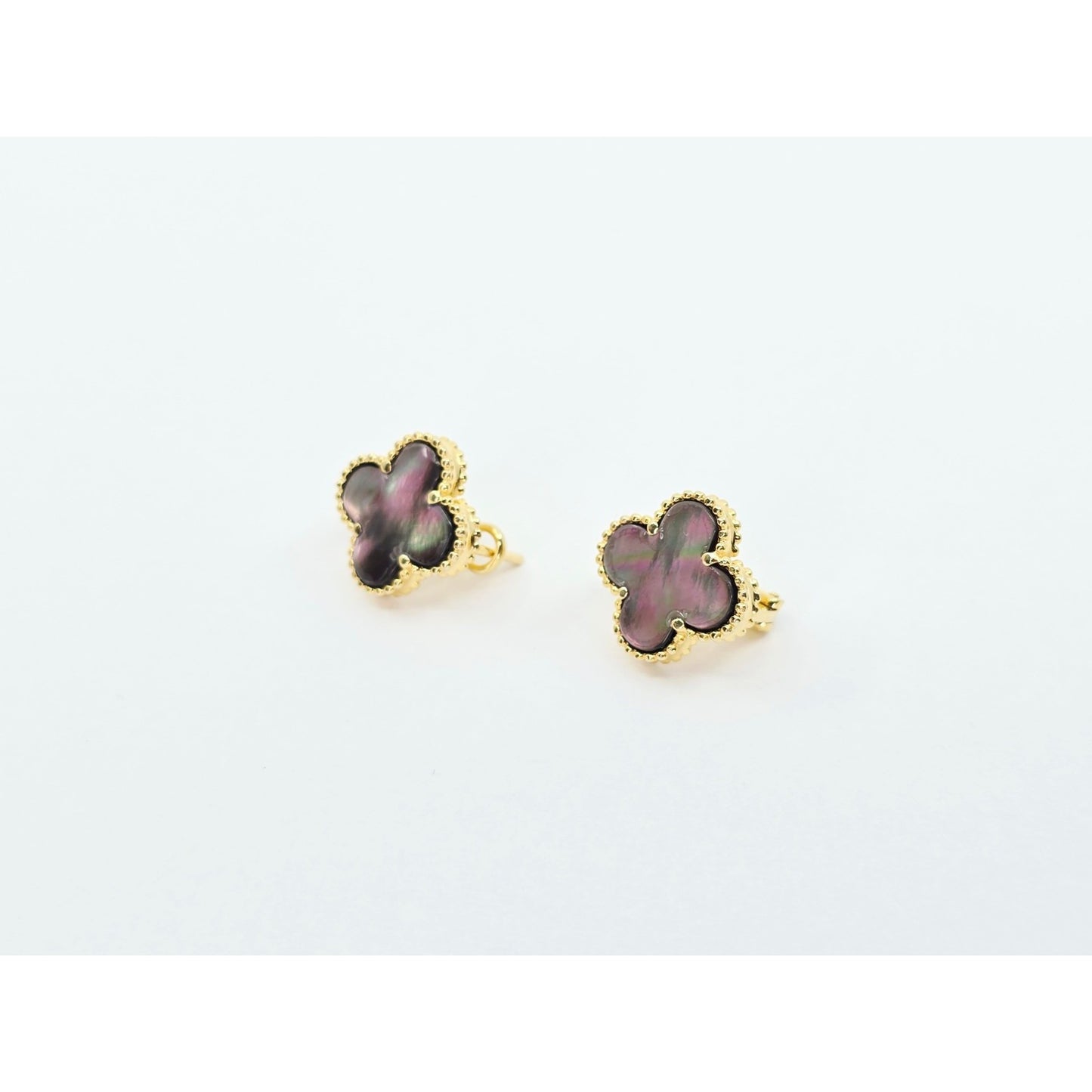 14K Yellow Gold Four Leaf Clover Dark Mother of Pearl Latch Back Hinge Earrings
