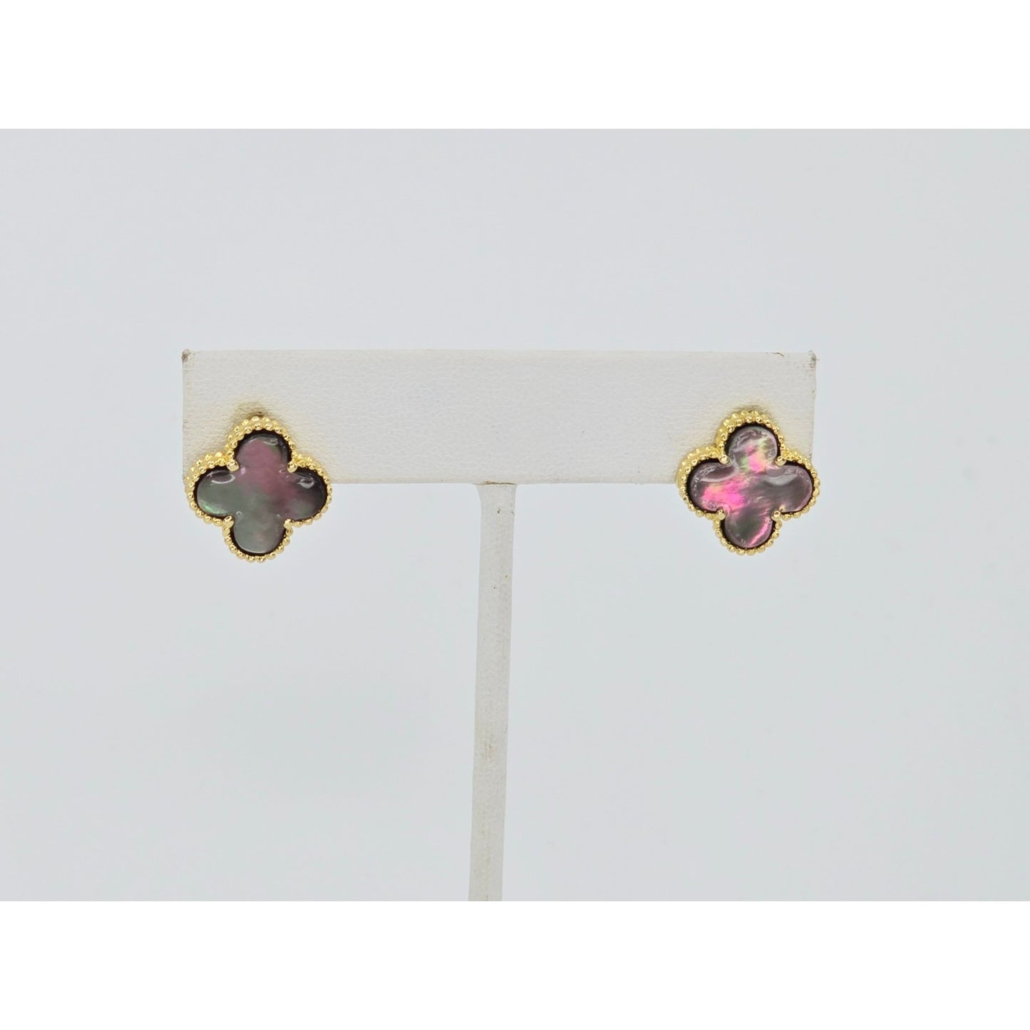 14K Yellow Gold Four Leaf Clover Dark Mother of Pearl Latch Back Hinge Earrings