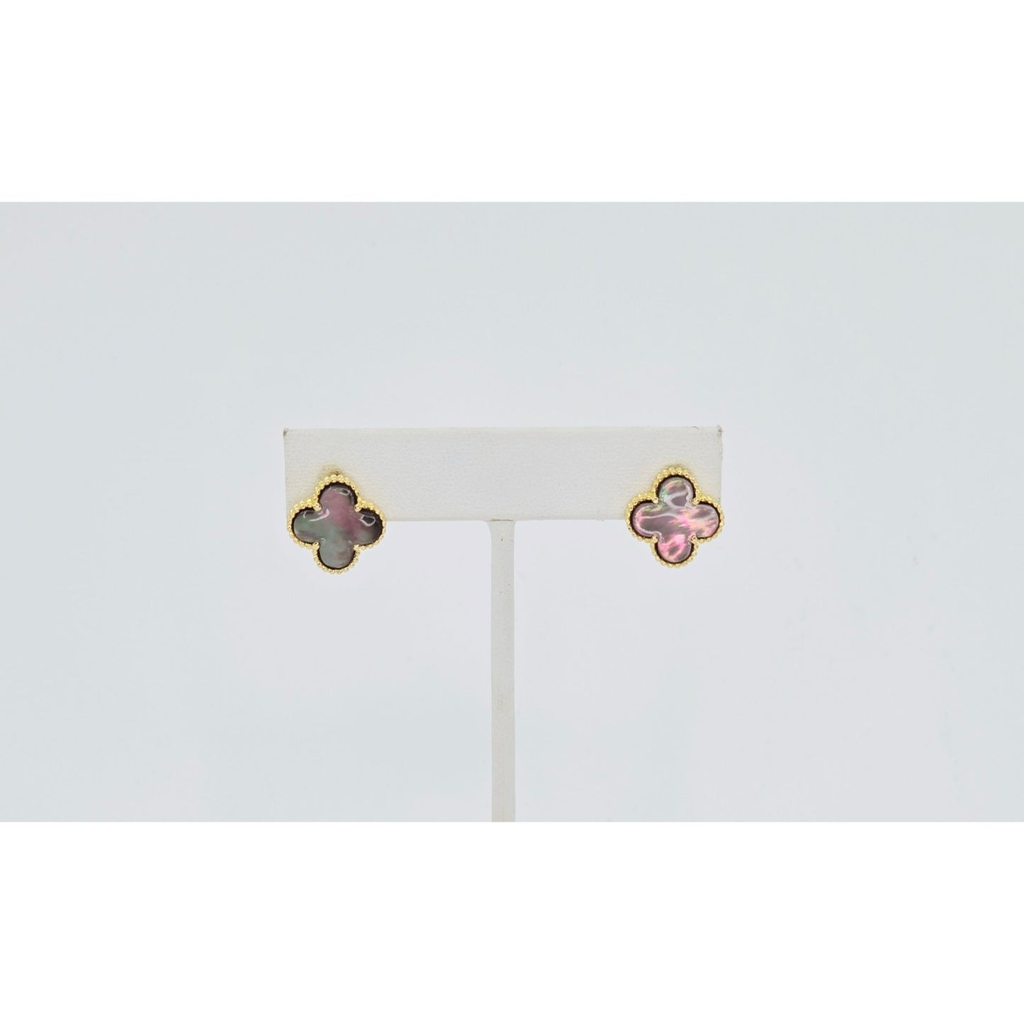 14K Yellow Gold Four Leaf Clover Dark Mother of Pearl Latch Back Hinge Earrings