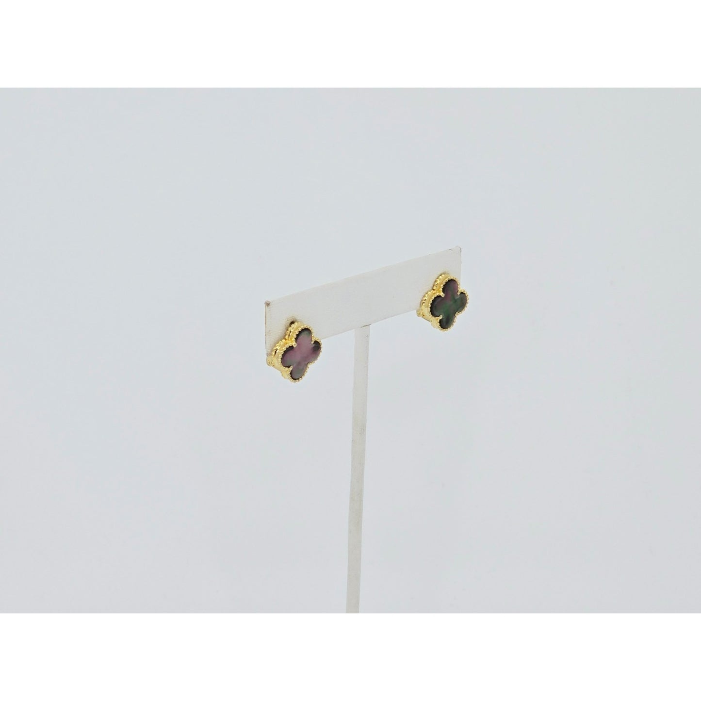 14K Yellow Gold Four Leaf Clover Dark Mother of Pearl Latch Back Hinge Earrings