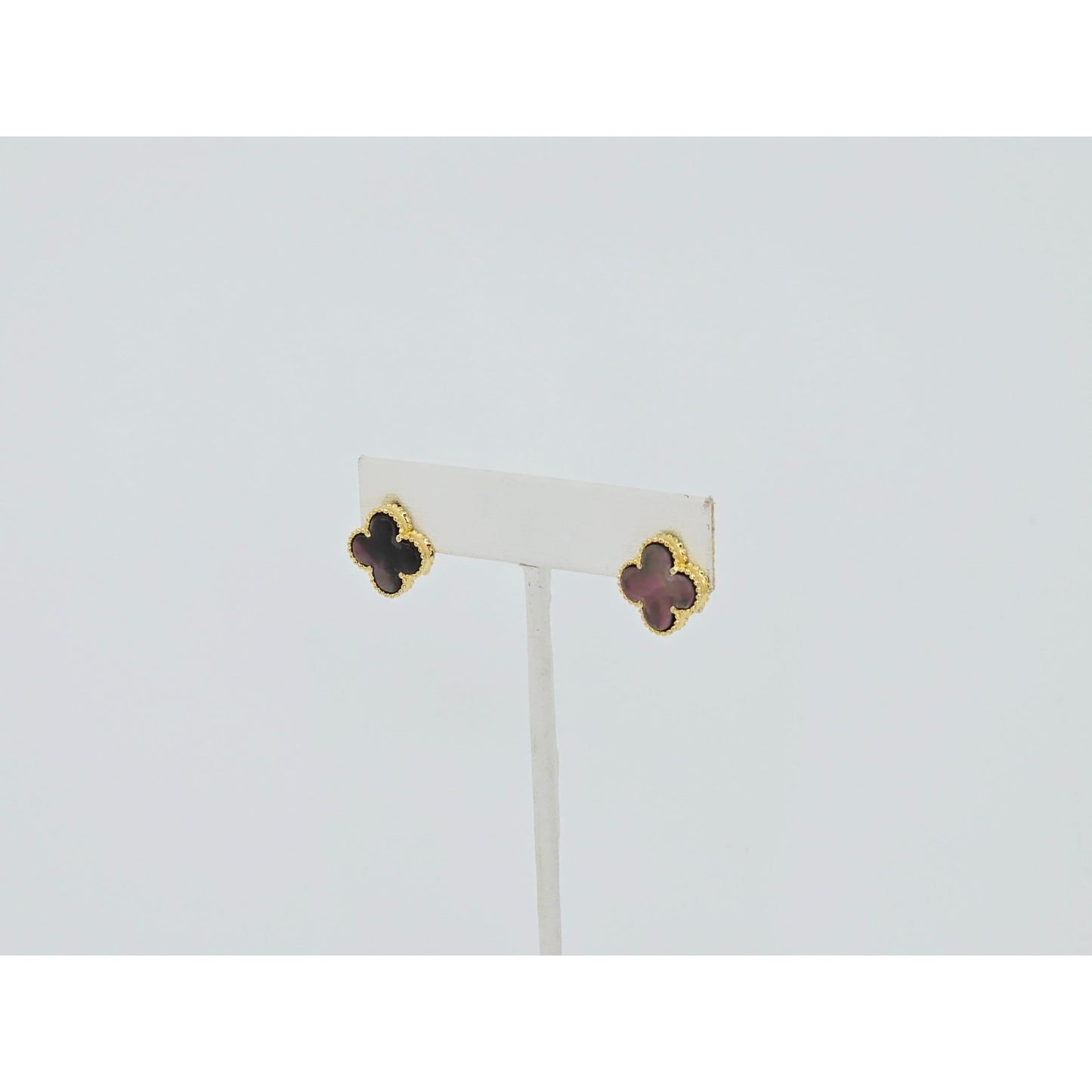 14K Yellow Gold Four Leaf Clover Dark Mother of Pearl Latch Back Hinge Earrings