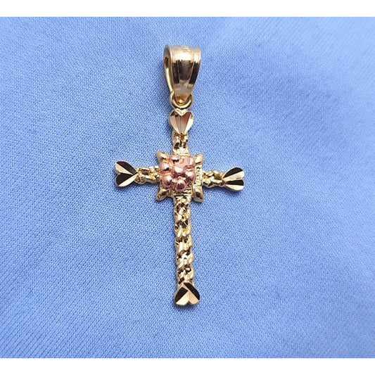 14K Two Tone Gold Diamond Cut Religious Cross Charm Pendant