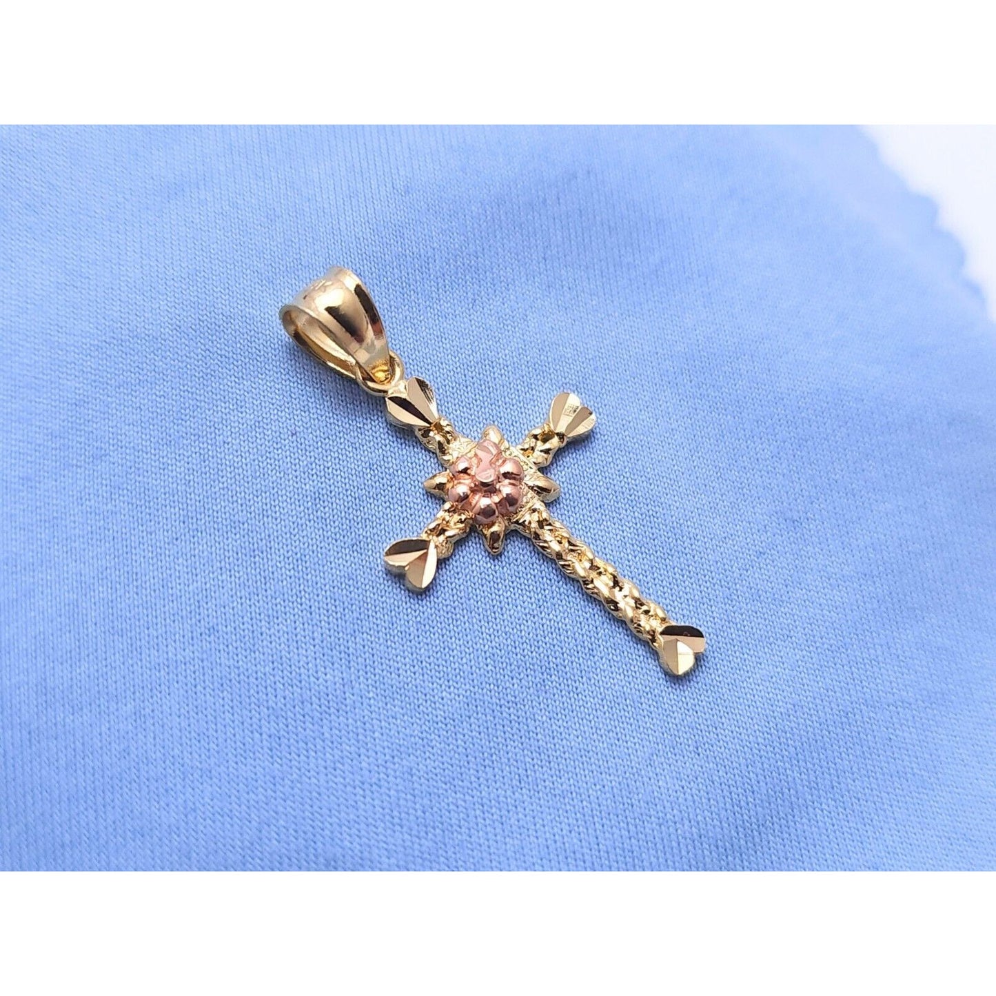 14K Two Tone Gold Diamond Cut Religious Cross Charm Pendant