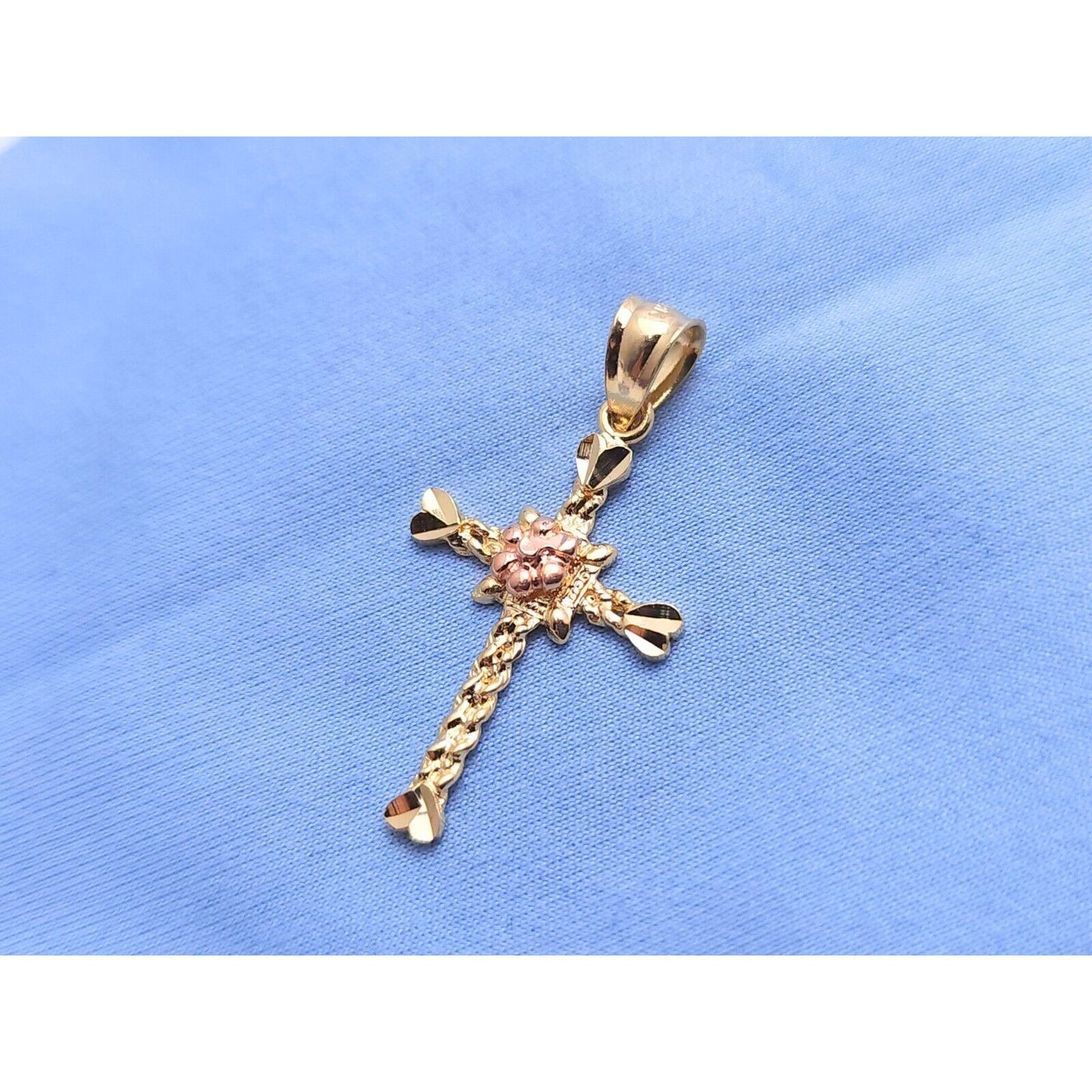 14K Two Tone Gold Diamond Cut Religious Cross Charm Pendant