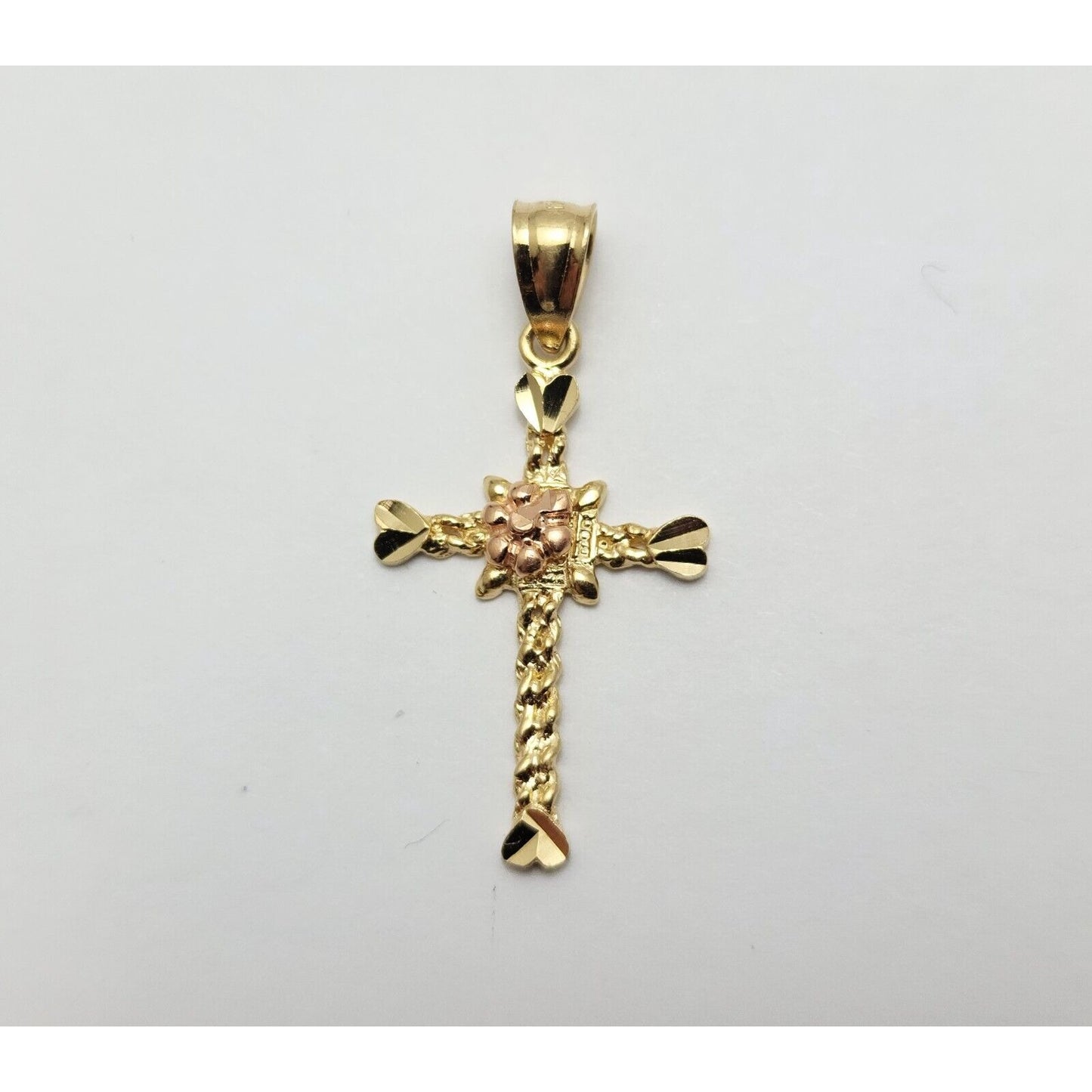 14K Two Tone Gold Diamond Cut Religious Cross Charm Pendant