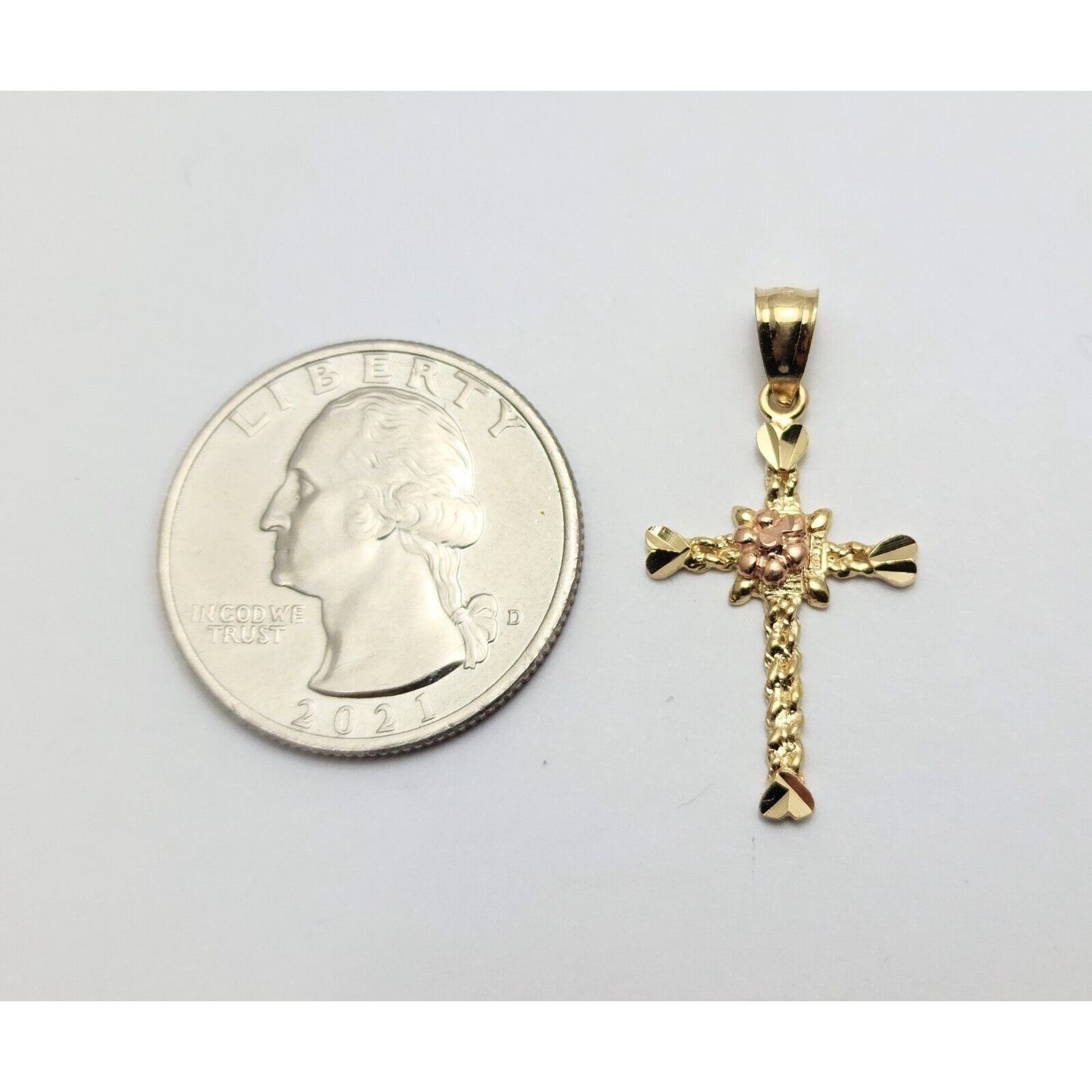 14K Two Tone Gold Diamond Cut Religious Cross Charm Pendant