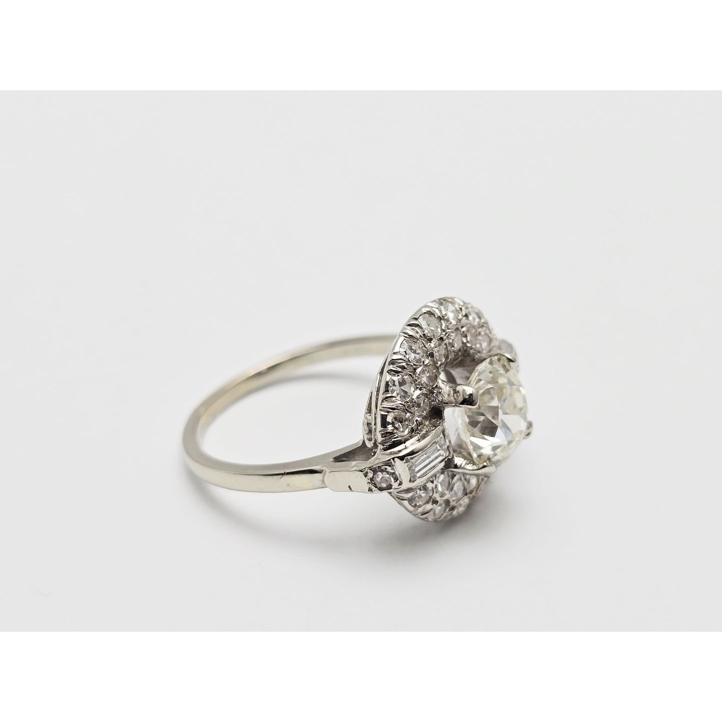 European Cut Art Deco 14K White Gold Round Diamond Engagement Ring 1.97ct