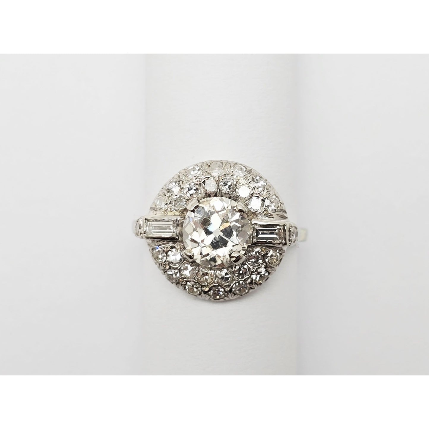 European Cut Art Deco 14K White Gold Round Diamond Engagement Ring 1.97ct