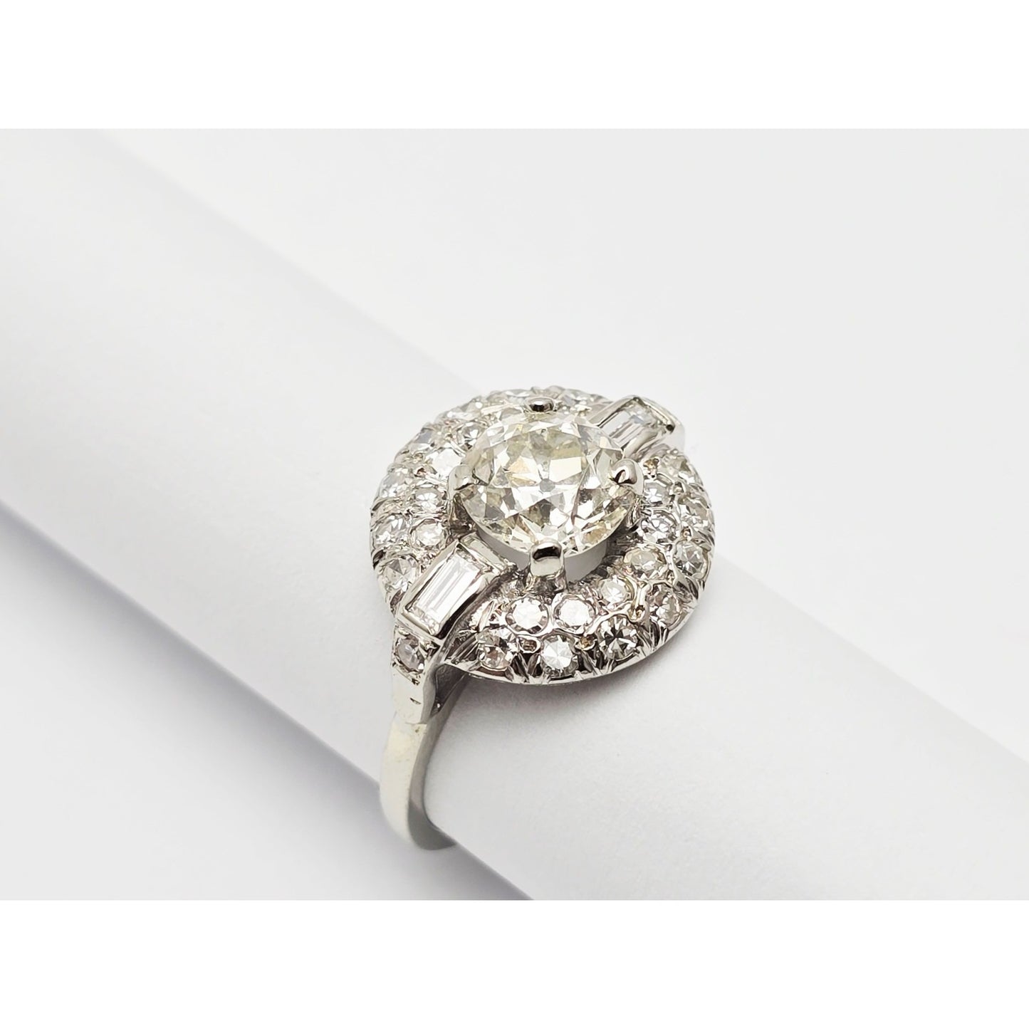 European Cut Art Deco 14K White Gold Round Diamond Engagement Ring 1.97ct