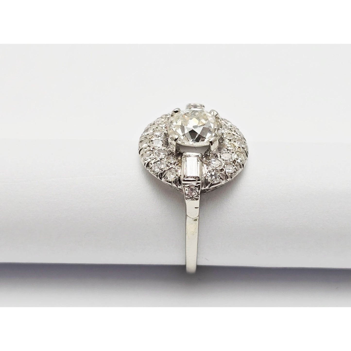 European Cut Art Deco 14K White Gold Round Diamond Engagement Ring 1.97ct