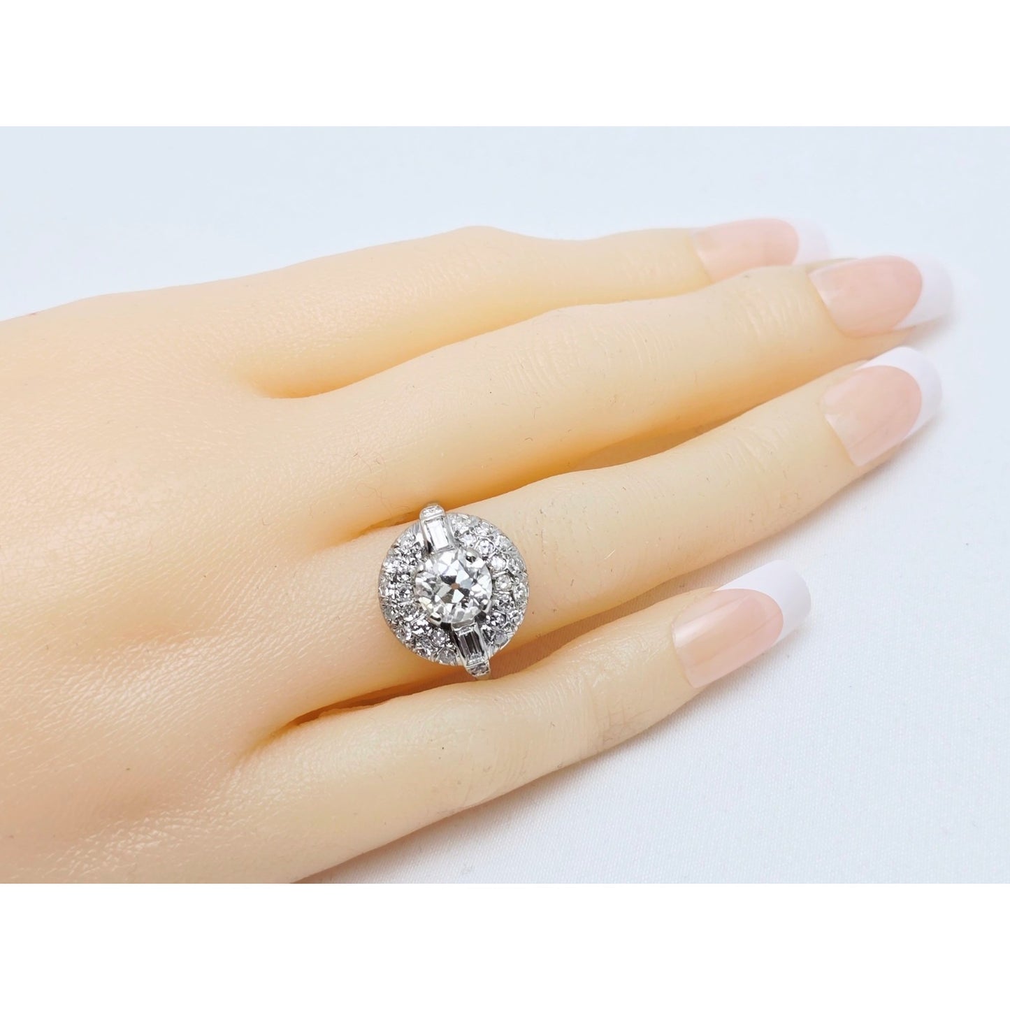 European Cut Art Deco 14K White Gold Round Diamond Engagement Ring 1.97ct