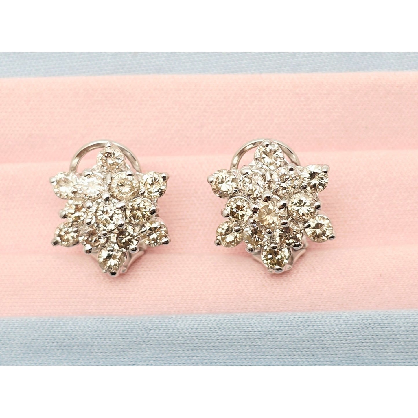 14K White Gold Round Cut Diamond French Clip Flower Earrings