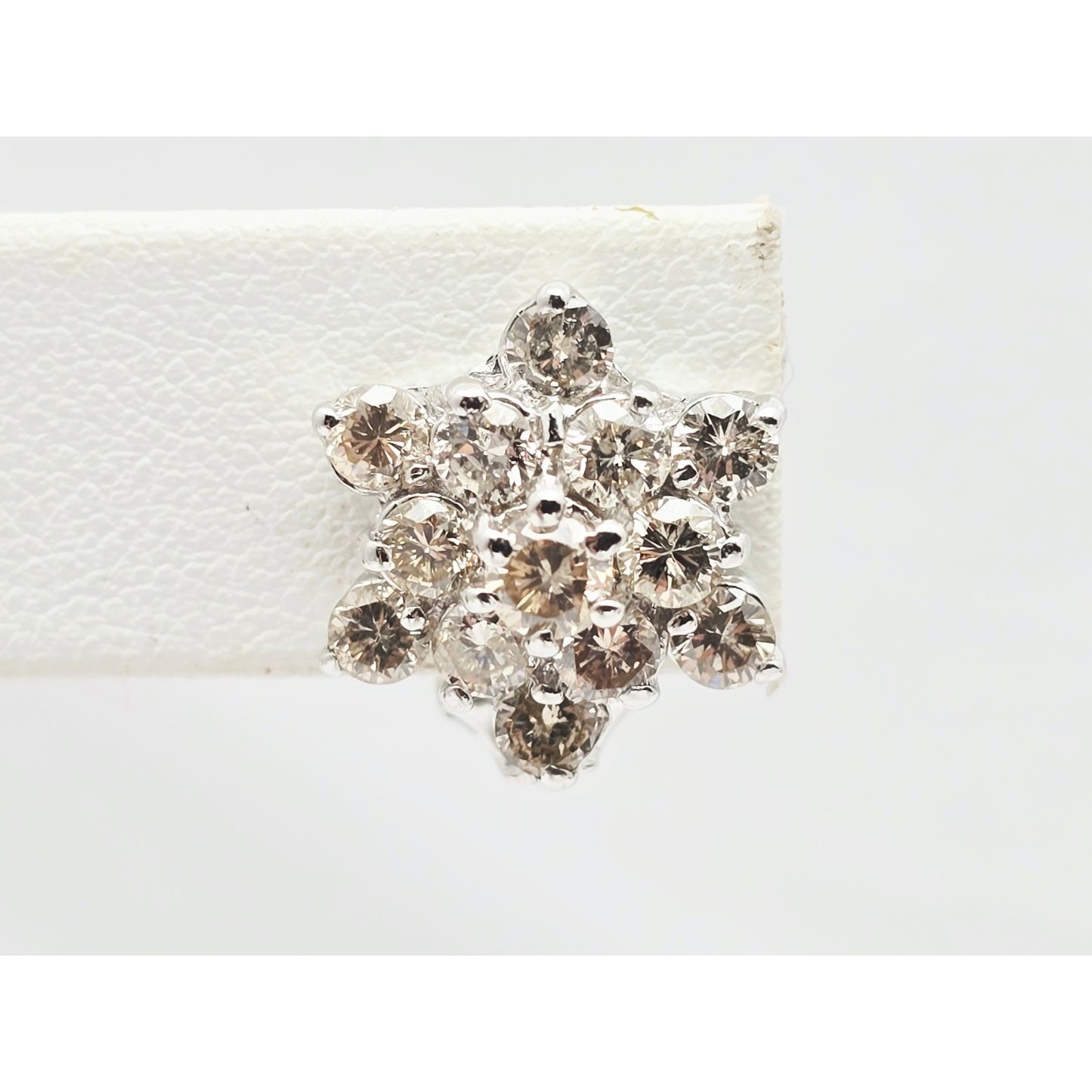 14K White Gold Round Cut Diamond French Clip Flower Earrings