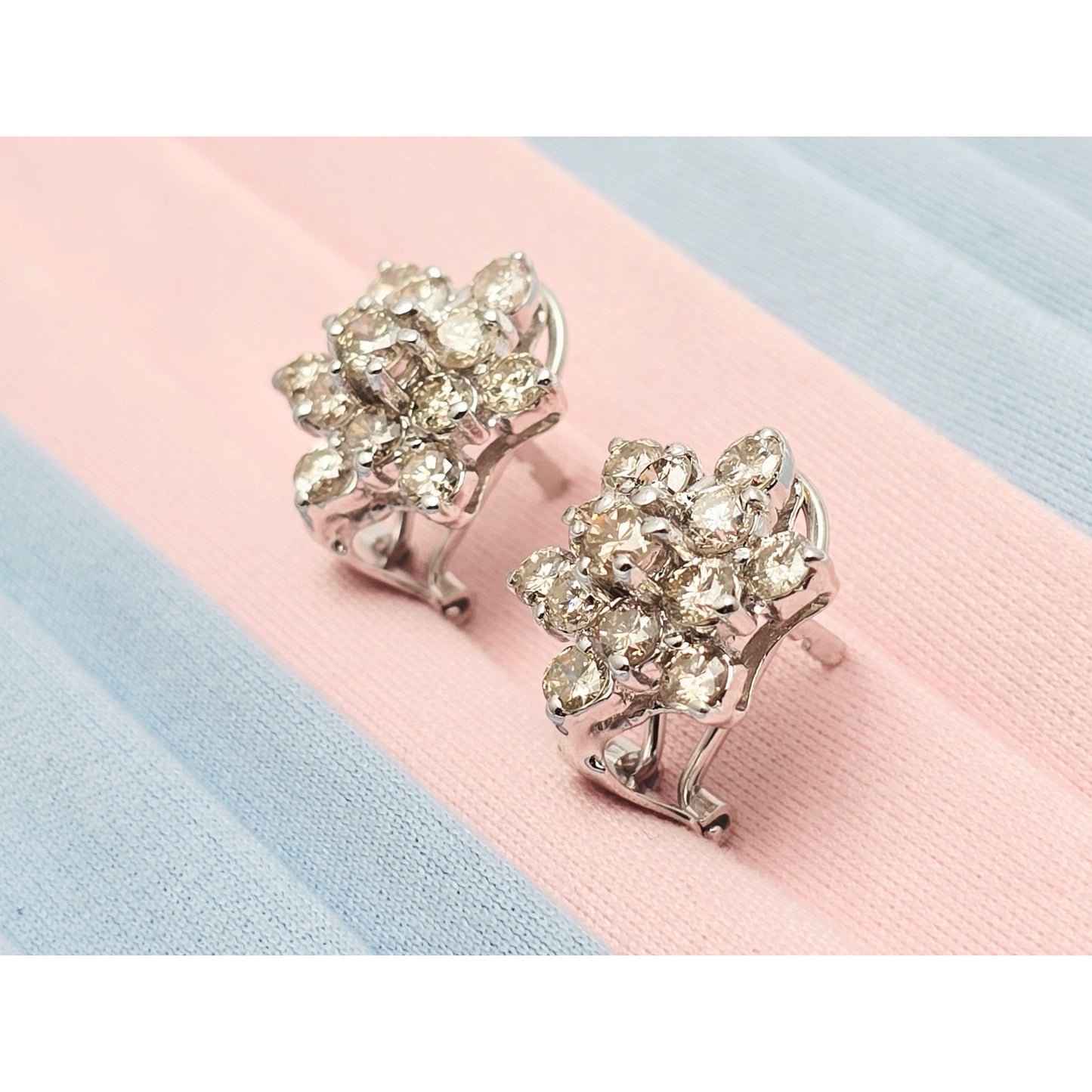 14K White Gold Round Cut Diamond French Clip Flower Earrings