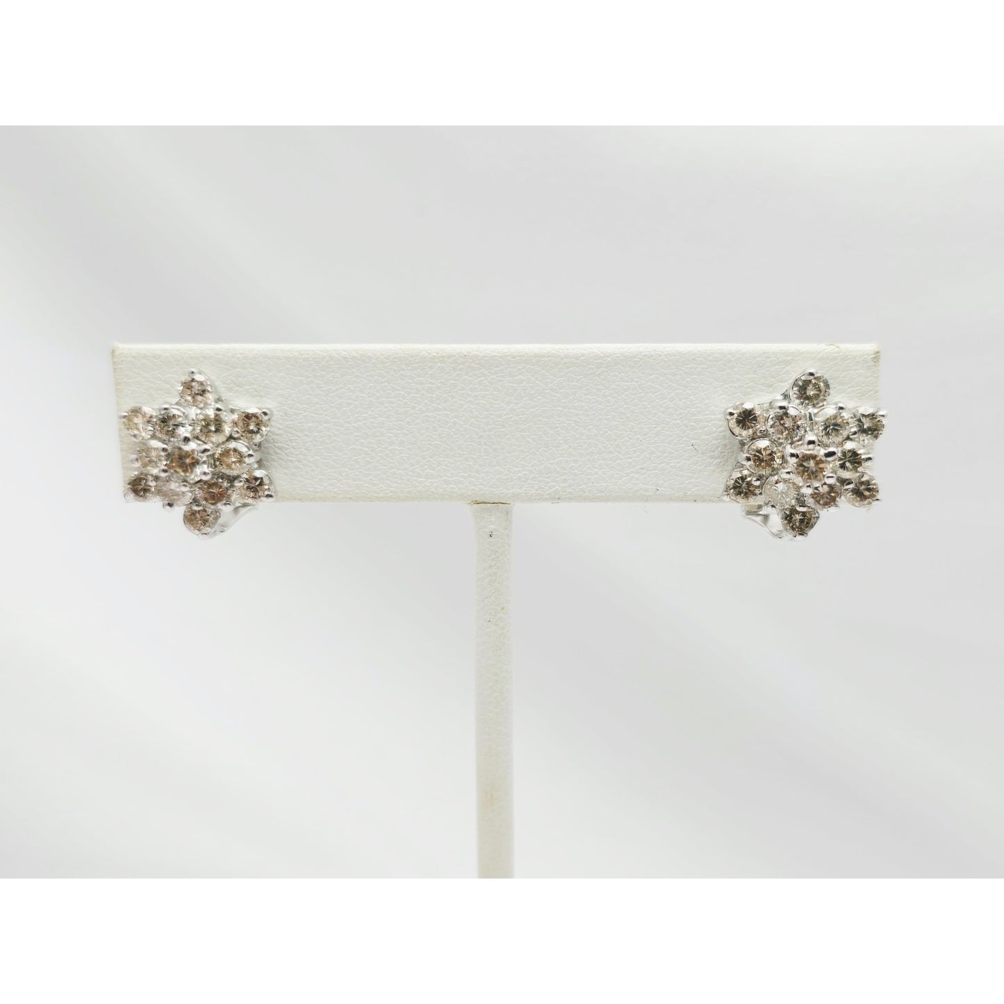 14K White Gold Round Cut Diamond French Clip Flower Earrings
