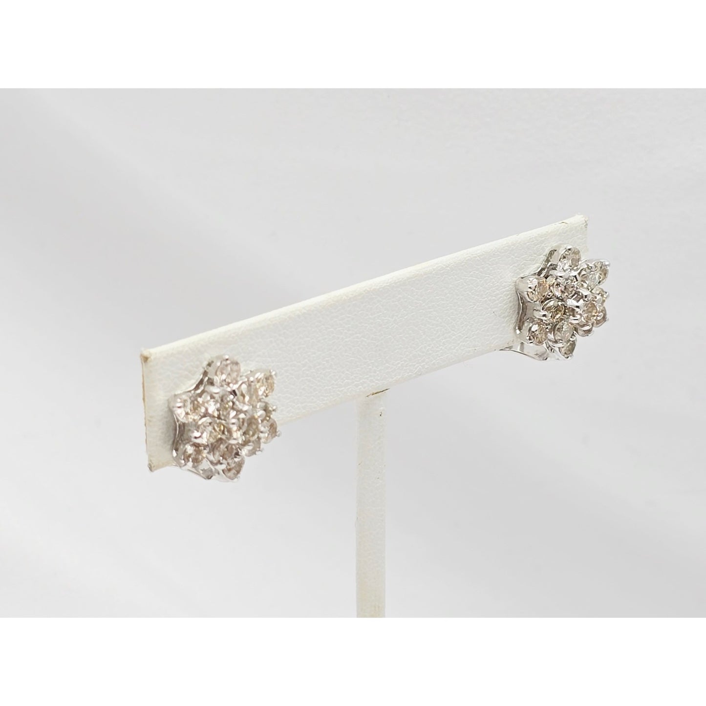 14K White Gold Round Cut Diamond French Clip Flower Earrings