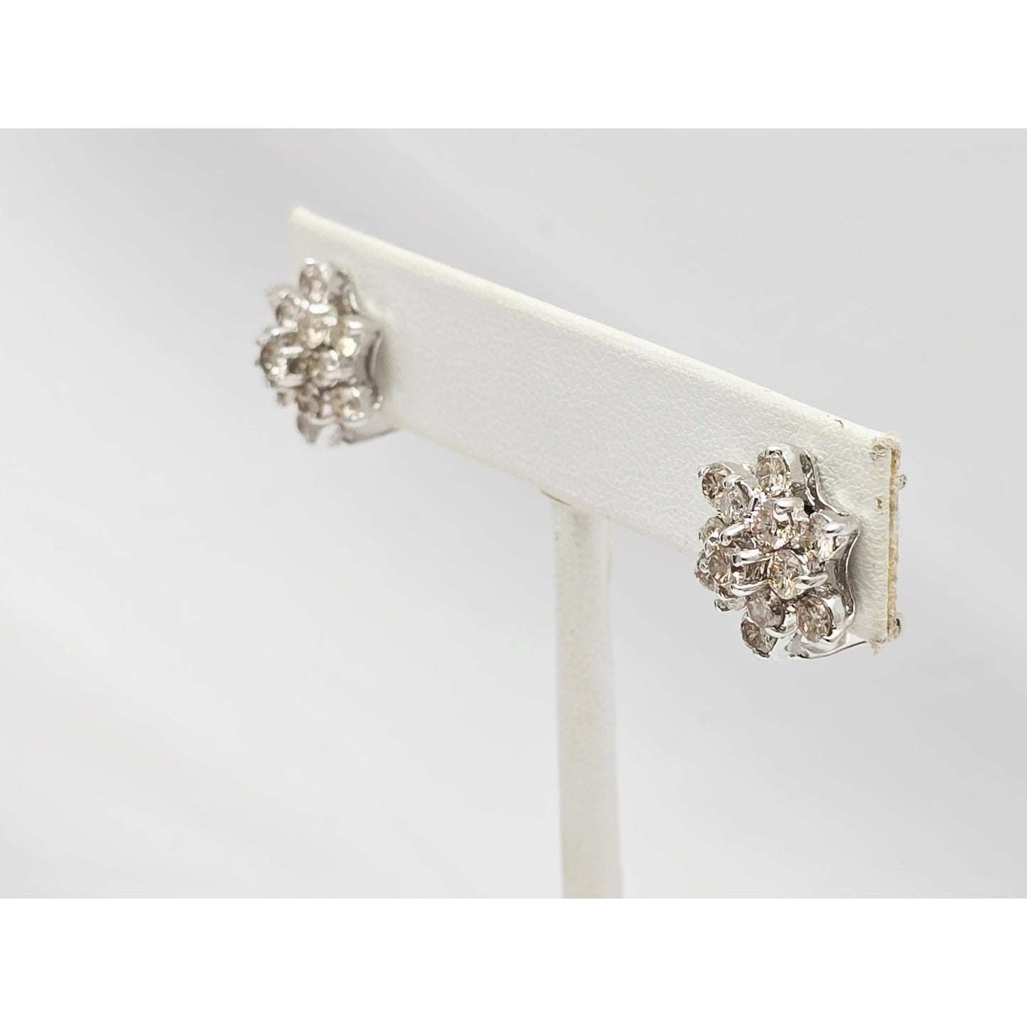 14K White Gold Round Cut Diamond French Clip Flower Earrings