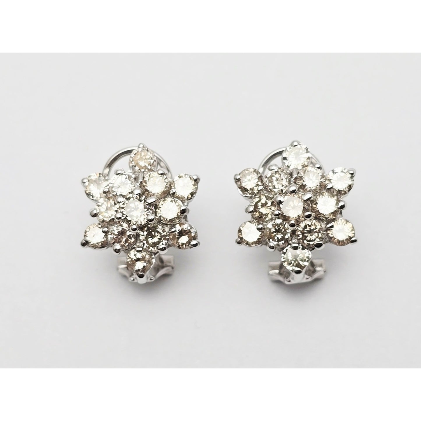 14K White Gold Round Cut Diamond French Clip Flower Earrings