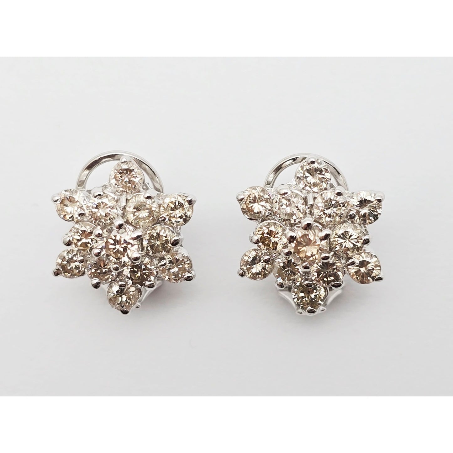 14K White Gold Round Cut Diamond French Clip Flower Earrings