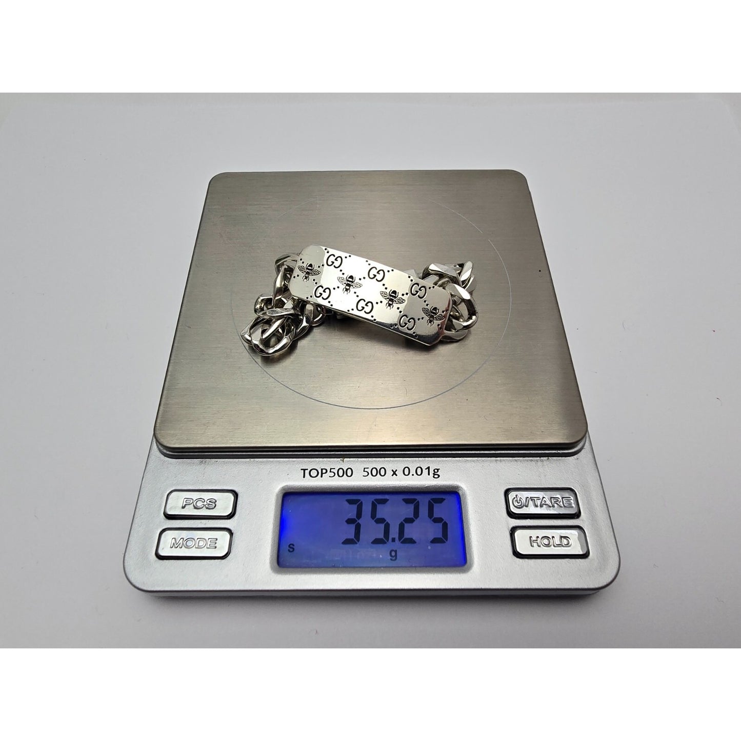 Gucci Sterling Silver 925 Signature Bee Motif and GG Link ID Bracelet