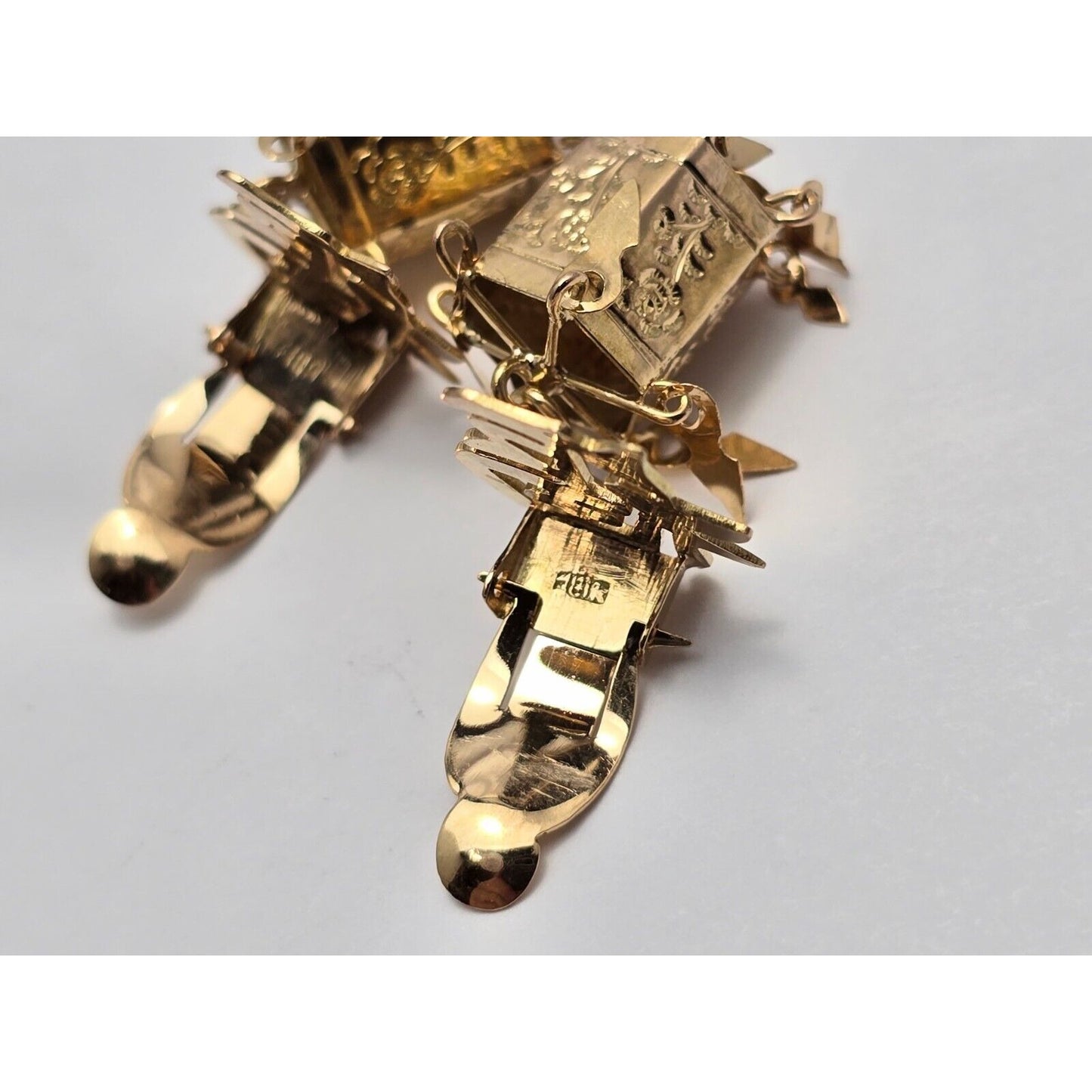 18K Yellow Gold Dangle Drop Chinese Good Luck Non Pierced Earrings